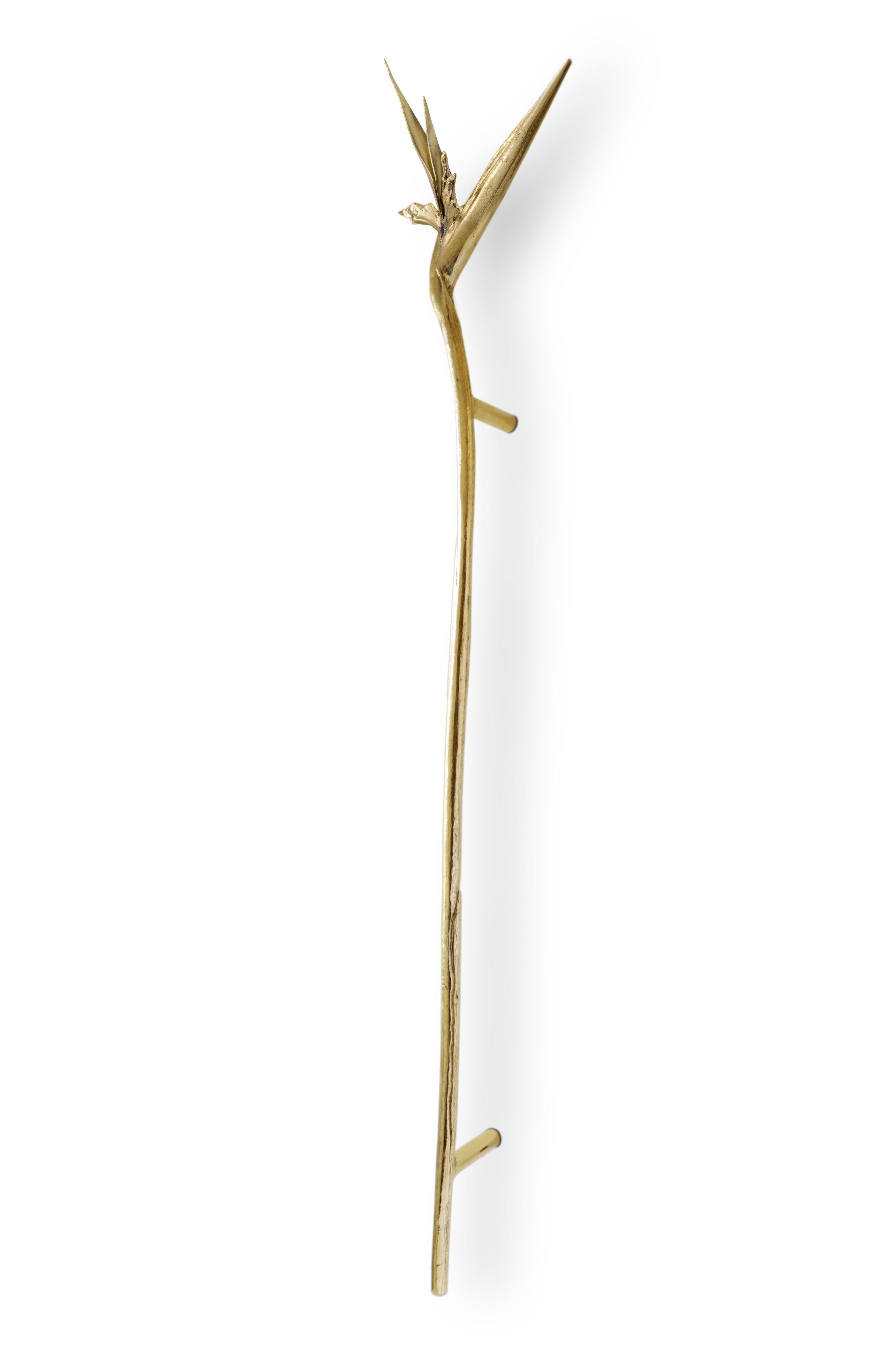 L'Estrattore per porte Strelitzia rappresenta la fedeltà, l'amore e la premura. Si ispira a una specie di pianta da fiore indigena del Sudafrica che onora una regina. Realizzata in ottone, questa maniglia per porte di grandi dimensioni è il pezzo