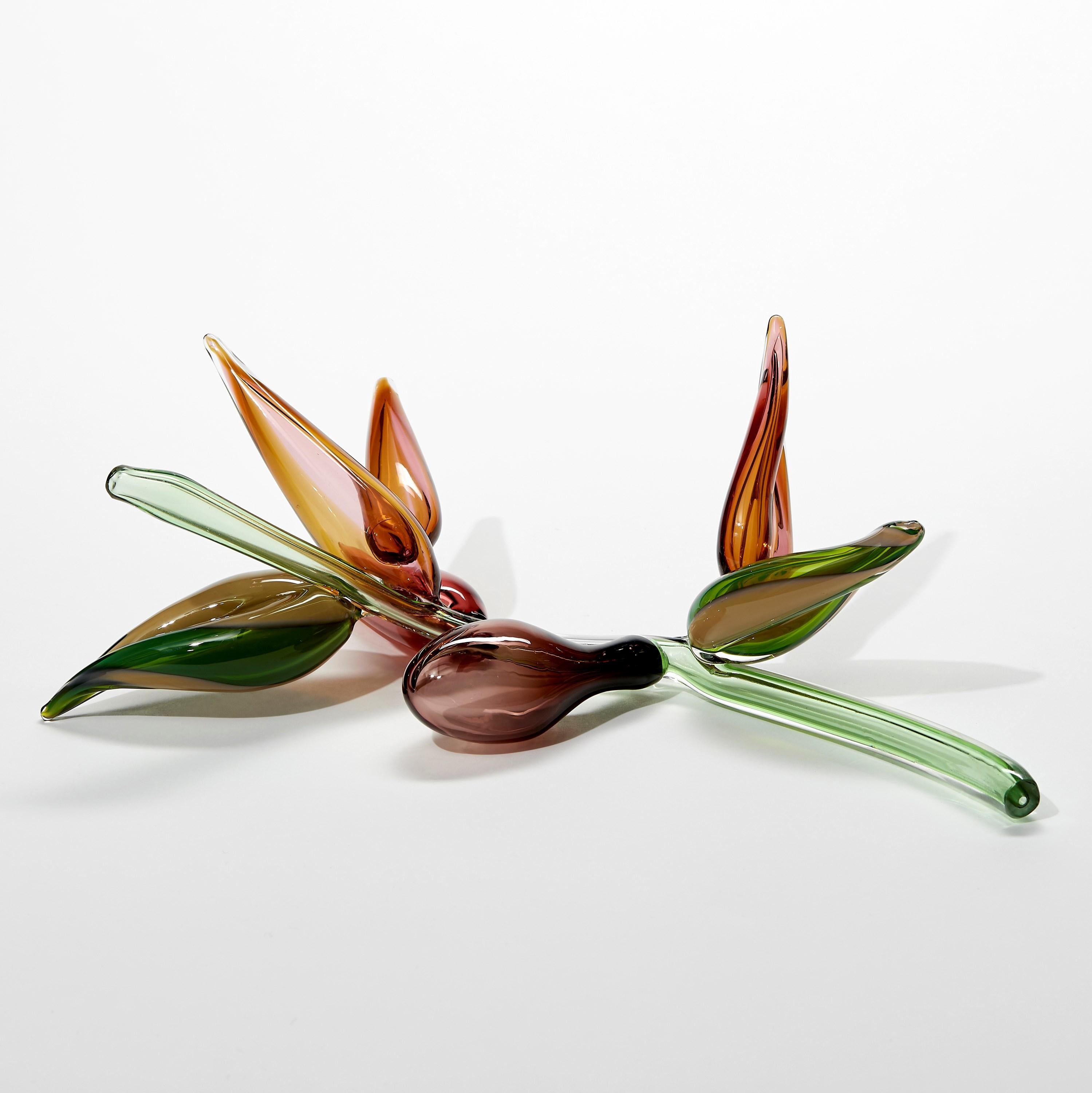 Britannico Strelitzio, scultura in vetro verde/rosa di ispirazione botanica di Michèle Oberdieck in vendita