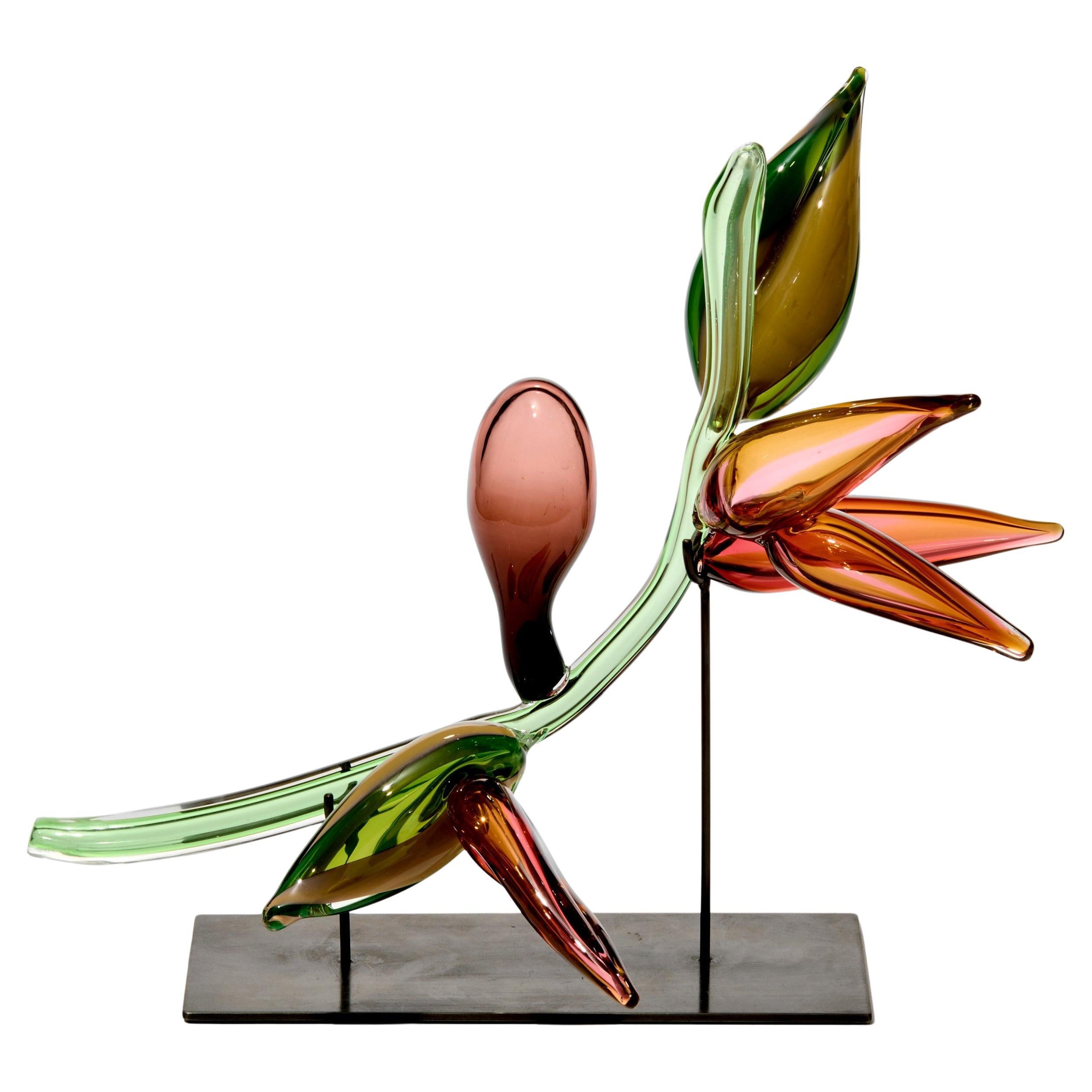 Strelitzio, green/pink glass botanical inspired sculpture by Michèle Oberdieck