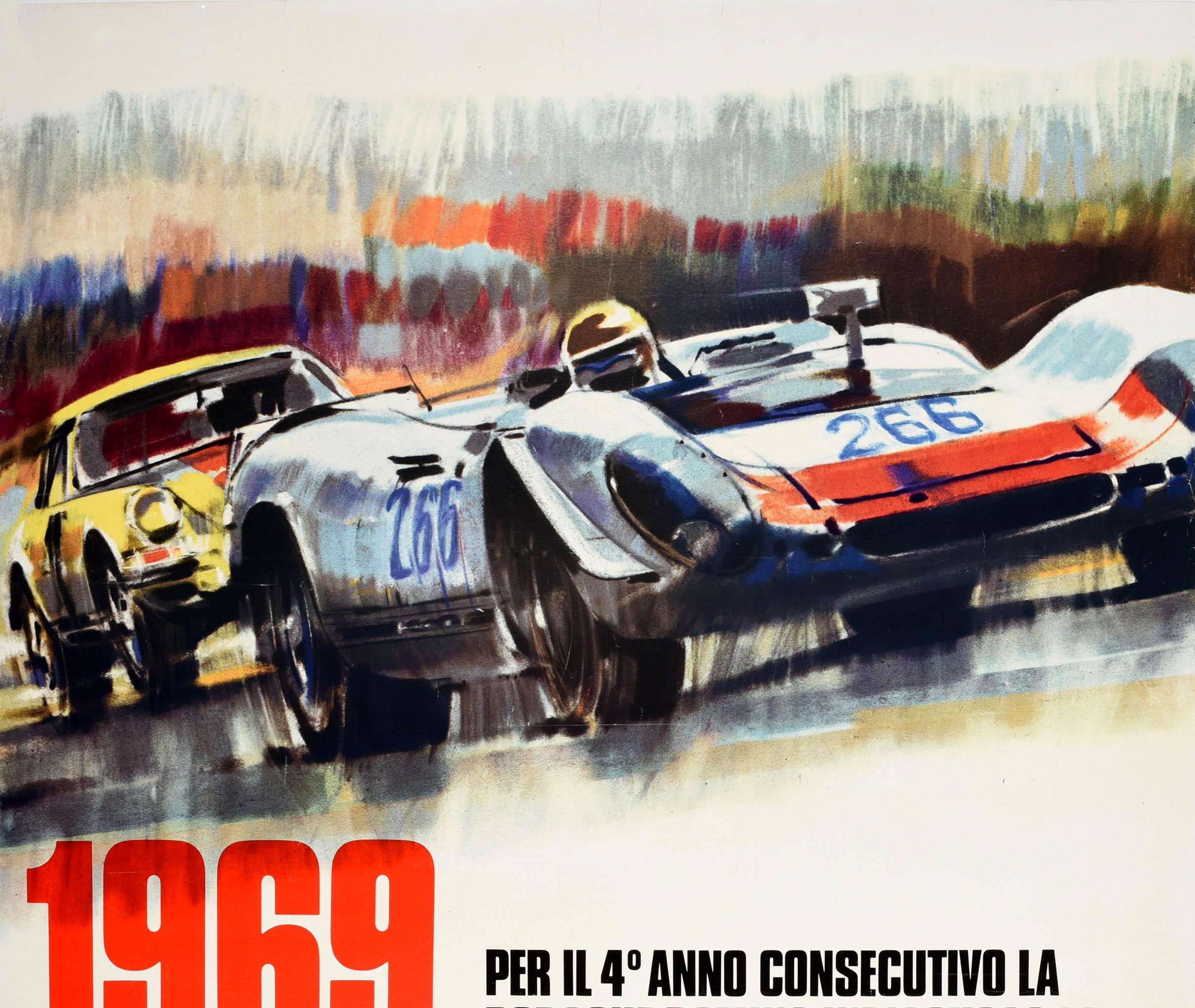 Original Vintage Poster Porsche 1969 Targa Florio Auto Racing Victory 908 911T - Print by Strenger