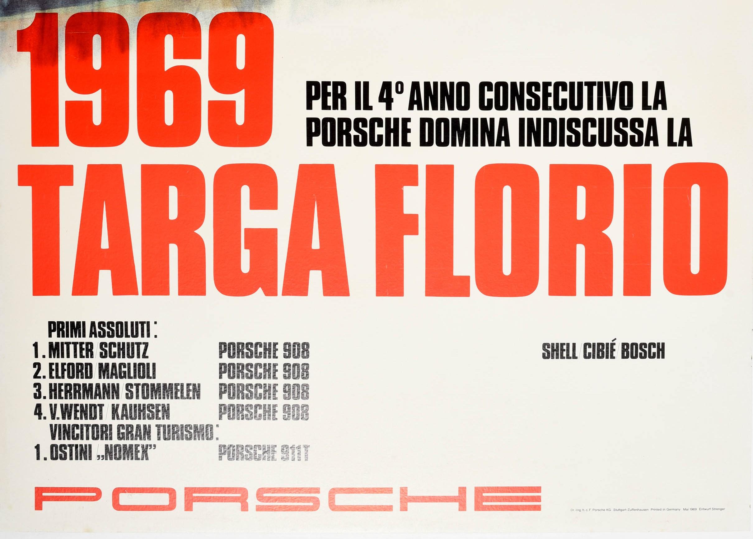 Poster originale d'epoca Porsche 1969 Targa Florio Auto Racing Victory 908 911T - Print Beige di Strenger