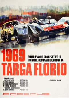 Affiche vintage d'origine Porsche 1969 Targa Florio Auto Racing Victory 908 911T