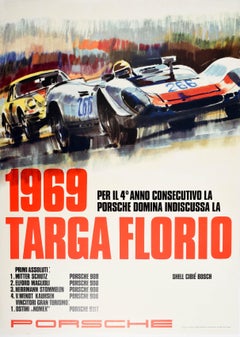 Original Vintage Poster Porsche 1969 Targa Florio Auto Racing Victory 908 911T