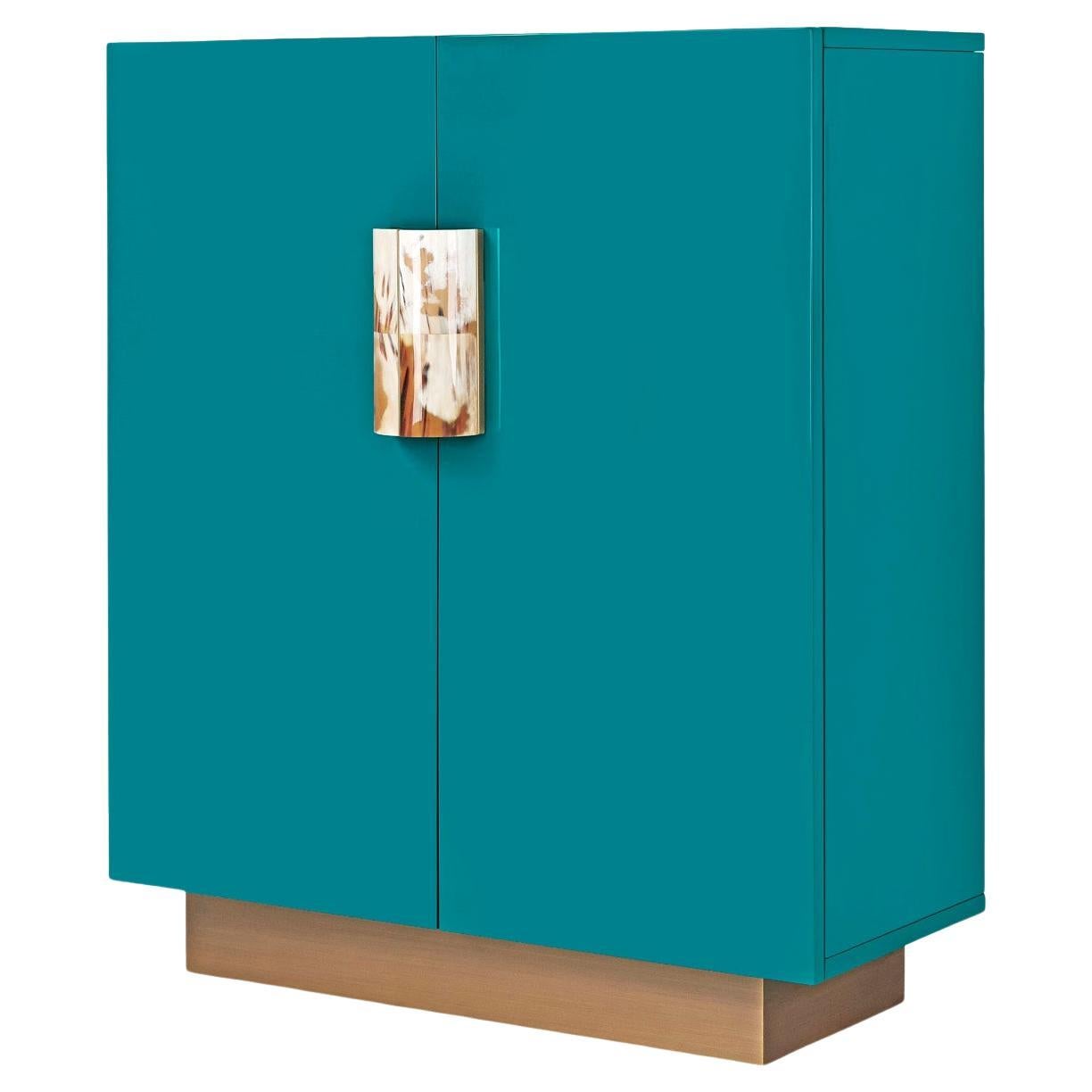 Stresa Cabinet in Glossy Water Blue Lacquer and Corno Italiano, Mod. 4418 For Sale