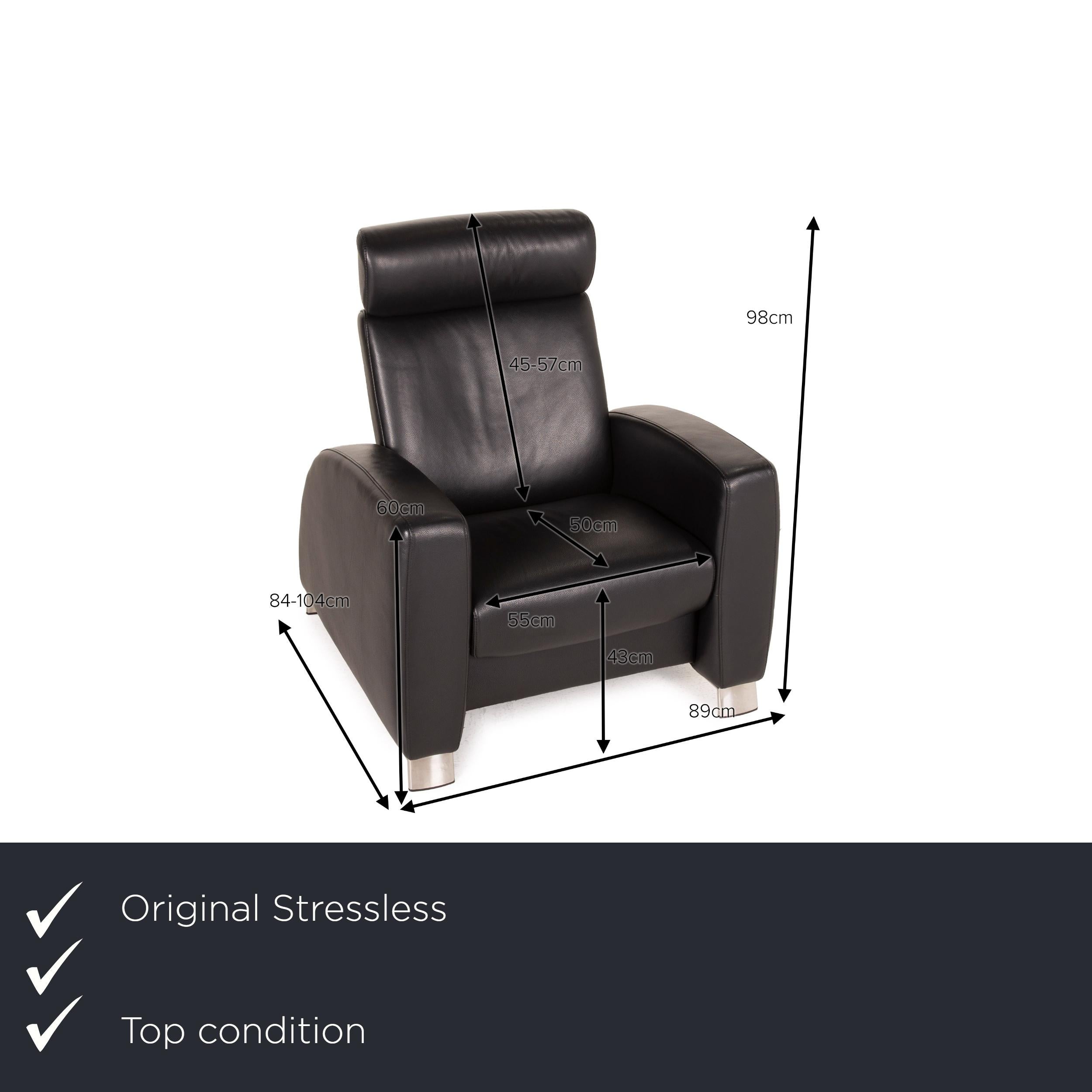 We present to you a stressless Arion leather armchair black relax function.
 

 Product measurements in centimeters:
 

Depth: 84
Width: 89
Height: 98
Seat height: 43
Rest height: 60
Seat depth: 50
Seat width: 55
Back height: 46.
  