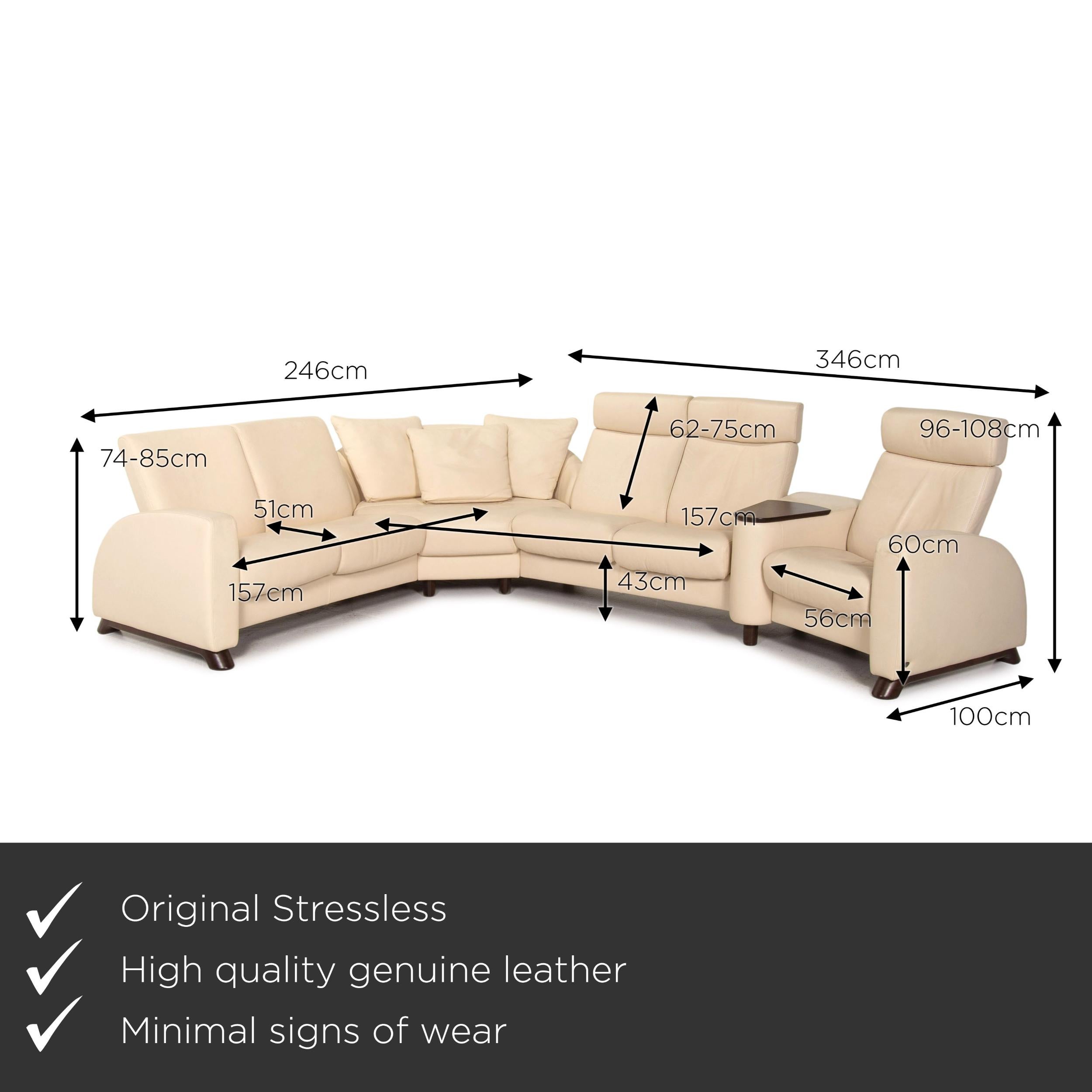 We present to you a Stressless Arion leather corner sofa cream relax function sofa couch.


 Product measurements in centimeters:
 

Depth: 100
Width: 246
Height: 85
Seat height: 43
Rest height: 60
Seat depth: 51
Seat width: 157
Back