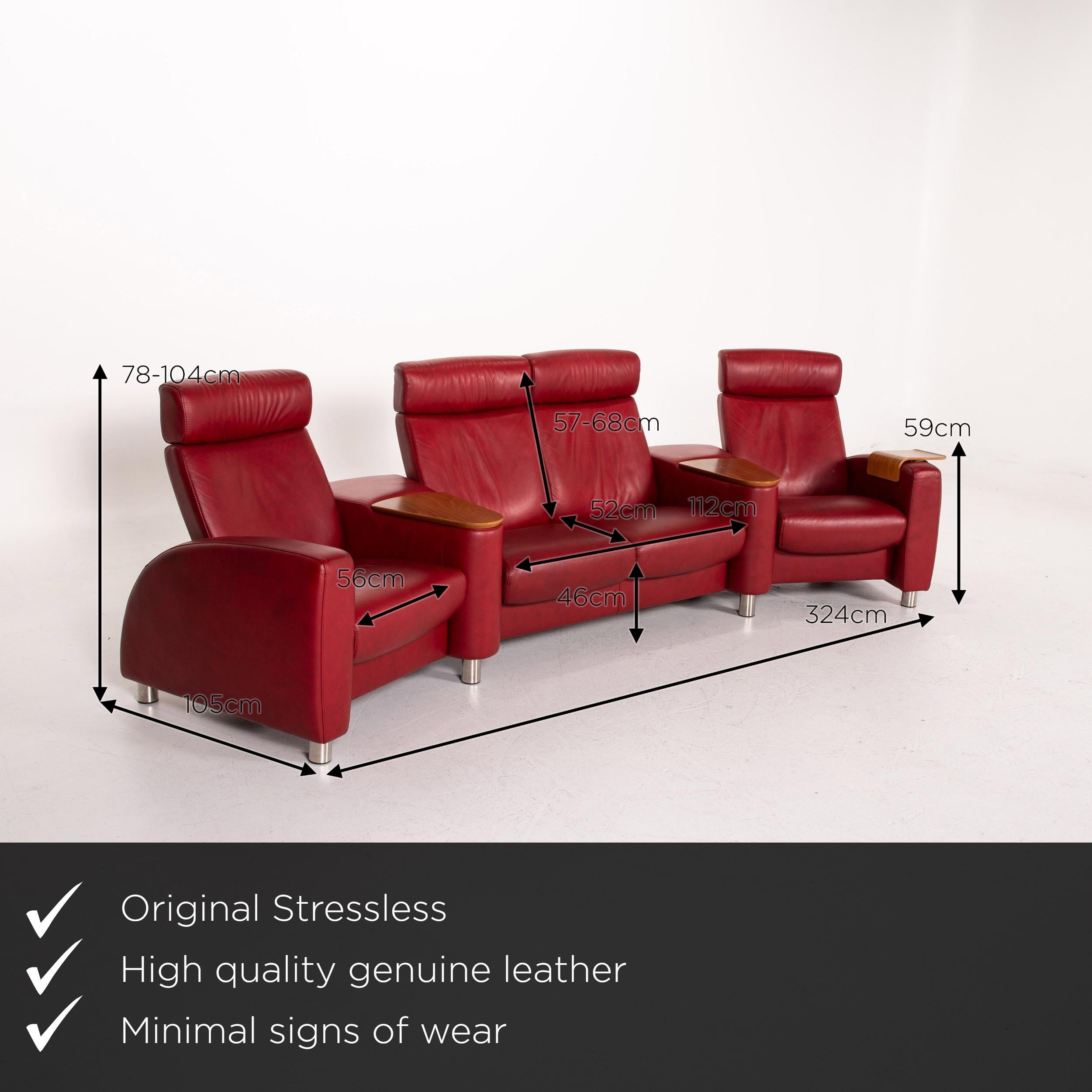 We present to you a Stressless Arion leather sofa red four-seat home theater relaxation function.

 

 Product measurements in centimeters:
 

Depth 105
Width 324
Height 78
Seat height 46
Rest height 59
Seat depth 52
Seat width 56
Back