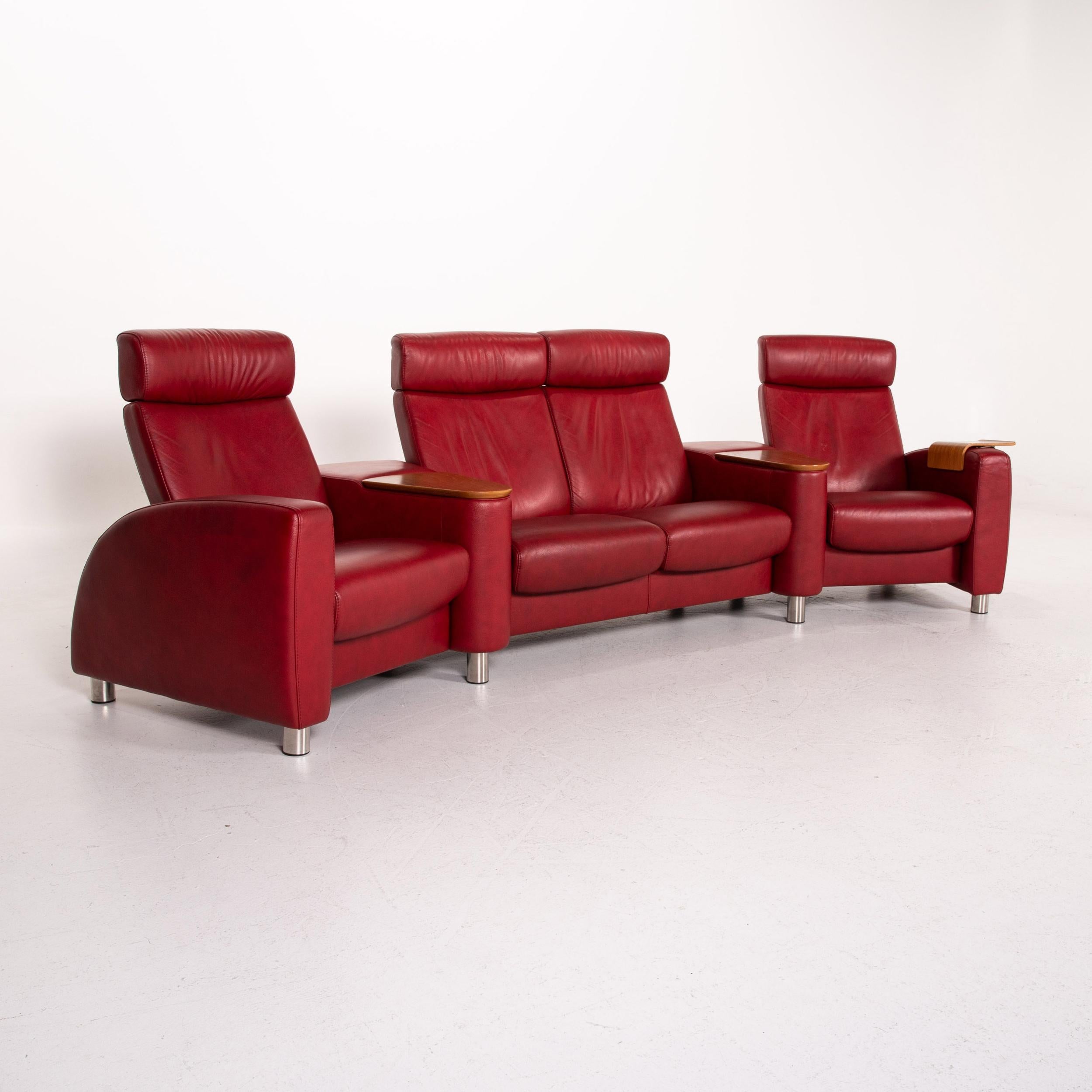 Stressless Arion Leather Sofa Red Four-Seat Home Theater Relaxation Function In Good Condition In Cologne, DE