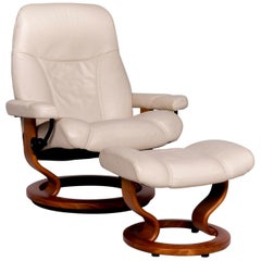 Stressless Consul L Designer Leather Armchair with Stool Beige Genuine Leather