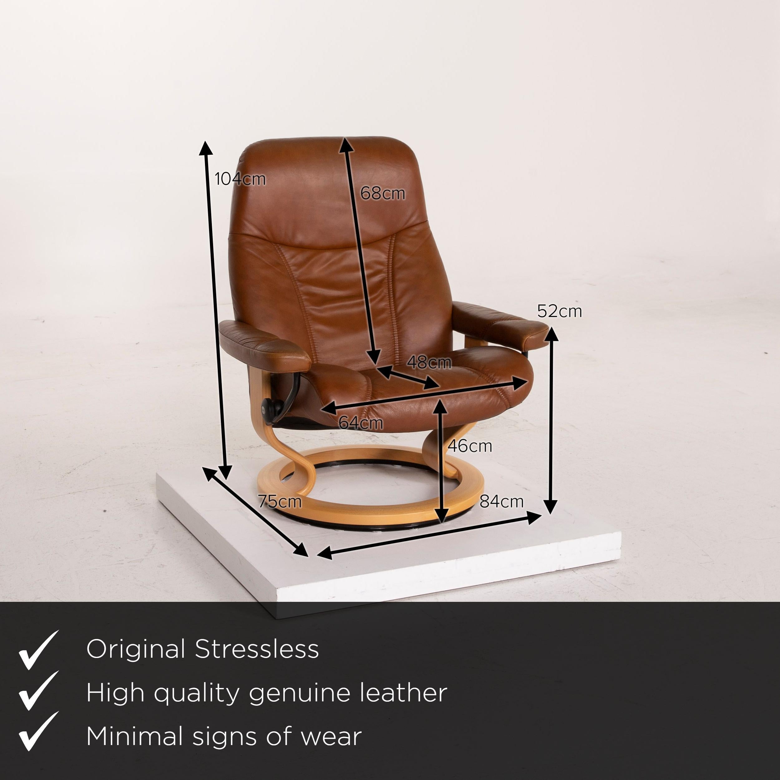 We present to you a Stressless Consul leather armchair cognac incl. Ottoman relaxation function.
 

 Product measurements in centimeters:
 

Depth 75
Width 84
Height 104
Seat height 46
Rest height 52
Seat depth 48
Seat width 64
Back