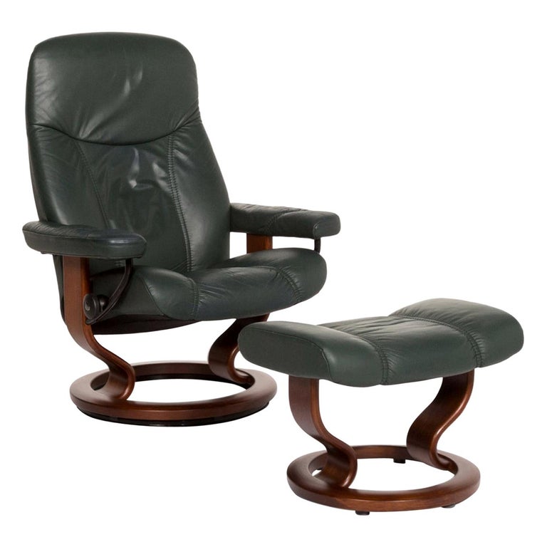 Stressless Consul Leather Armchair Incl. Stool Green Dark Green Relax Armchair at 1stDibs