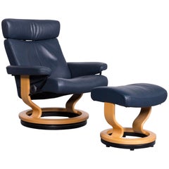 Stressless Designer Leather Armchair with Foot-Stool in Blue with Function