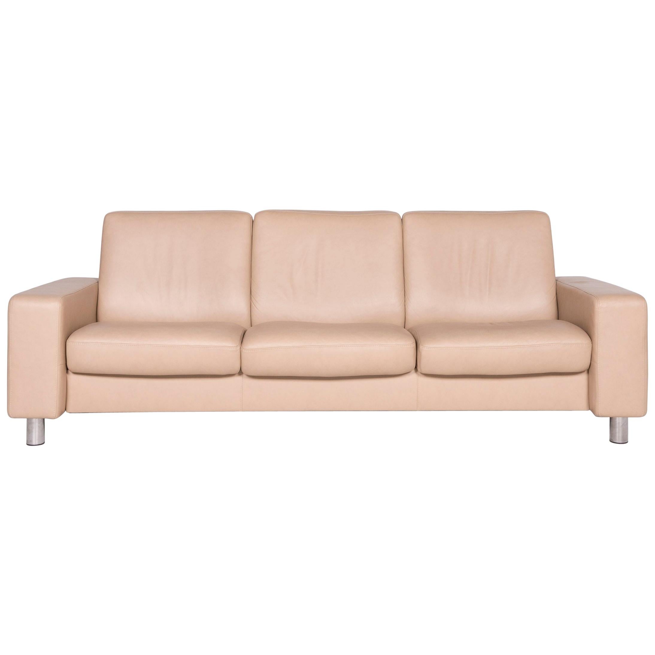 Stressless Designer Leather Sofa Beige Genuine Leather Three-Seat Couch For Sale
