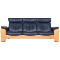Stressless Designer Leather Sofa Three-Seat Couch in Blue with Function