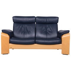 Used Stressless Designer Leather Sofa Two- Seat Couch in Blue with Function