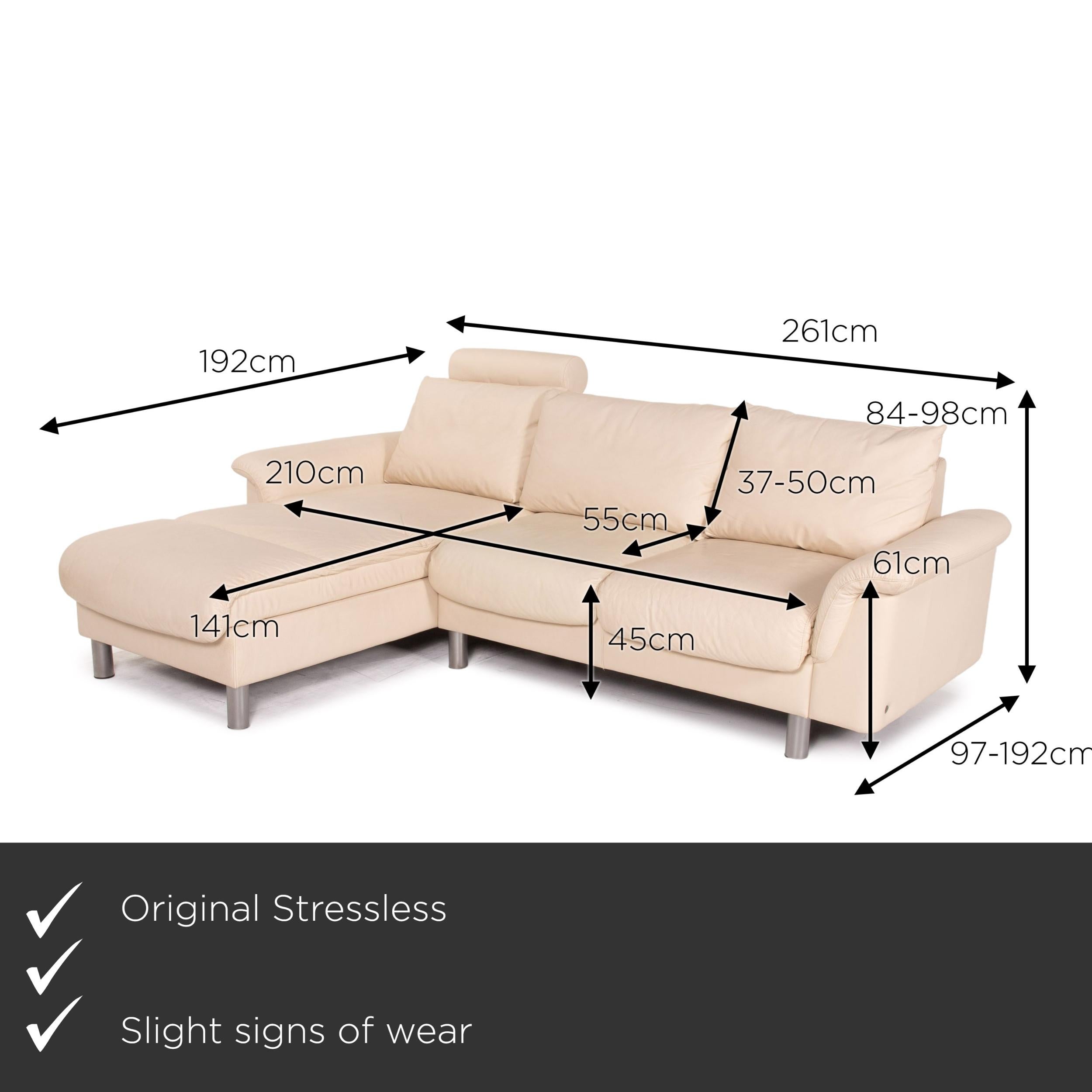 We present to you a Stressless E300 leather corner sofa cream sofa function couch.
 

 Product measurements in centimeters:
 

Depth: 97
Width: 261
Height: 84
Seat height: 45
Rest height: 61
Seat depth: 141
Seat width: 210
Back height: