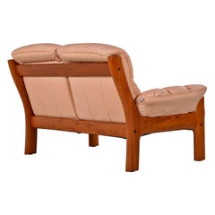 Stressless Ekornes Montana Solid Teak Loveseat Sofa in Pale Rose Leather
