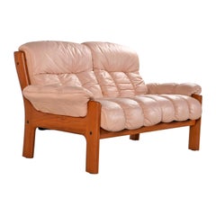 Used Stressless Ekornes Montana Solid Teak Loveseat Sofa in Pale Rose Leather