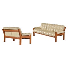 Stressless Ekornes Montana Solid Teak Loveseat & Sofa Set in Ivory Leather