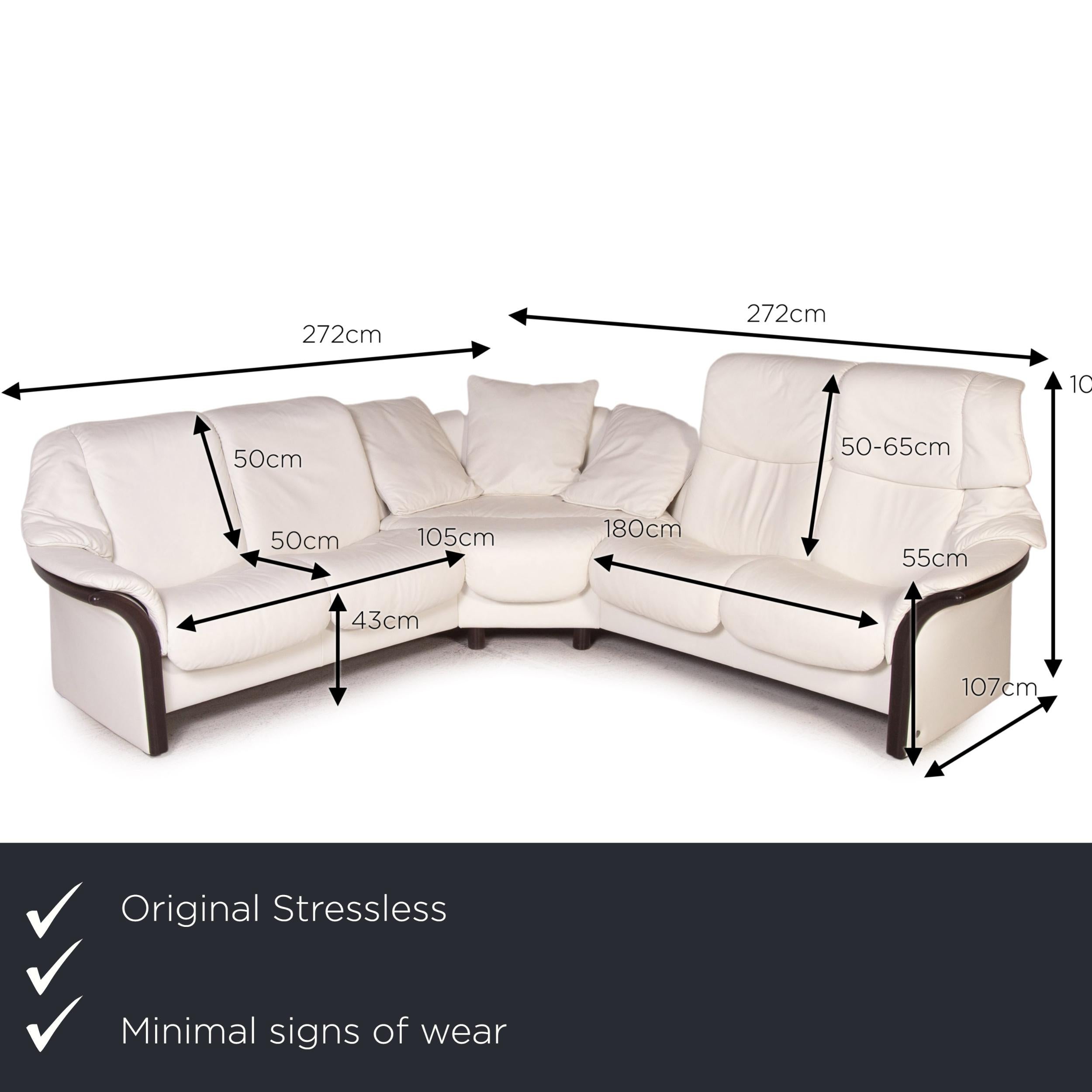 We present to you a Stressless Eldorado leather corner sofa white relax function sofa couch.

Product measurements in centimeters:

Depth: 107
Width: 272
Height: 100
Seat height: 43
Rest height: 55
Seat depth: 50
Seat width: 105
Back