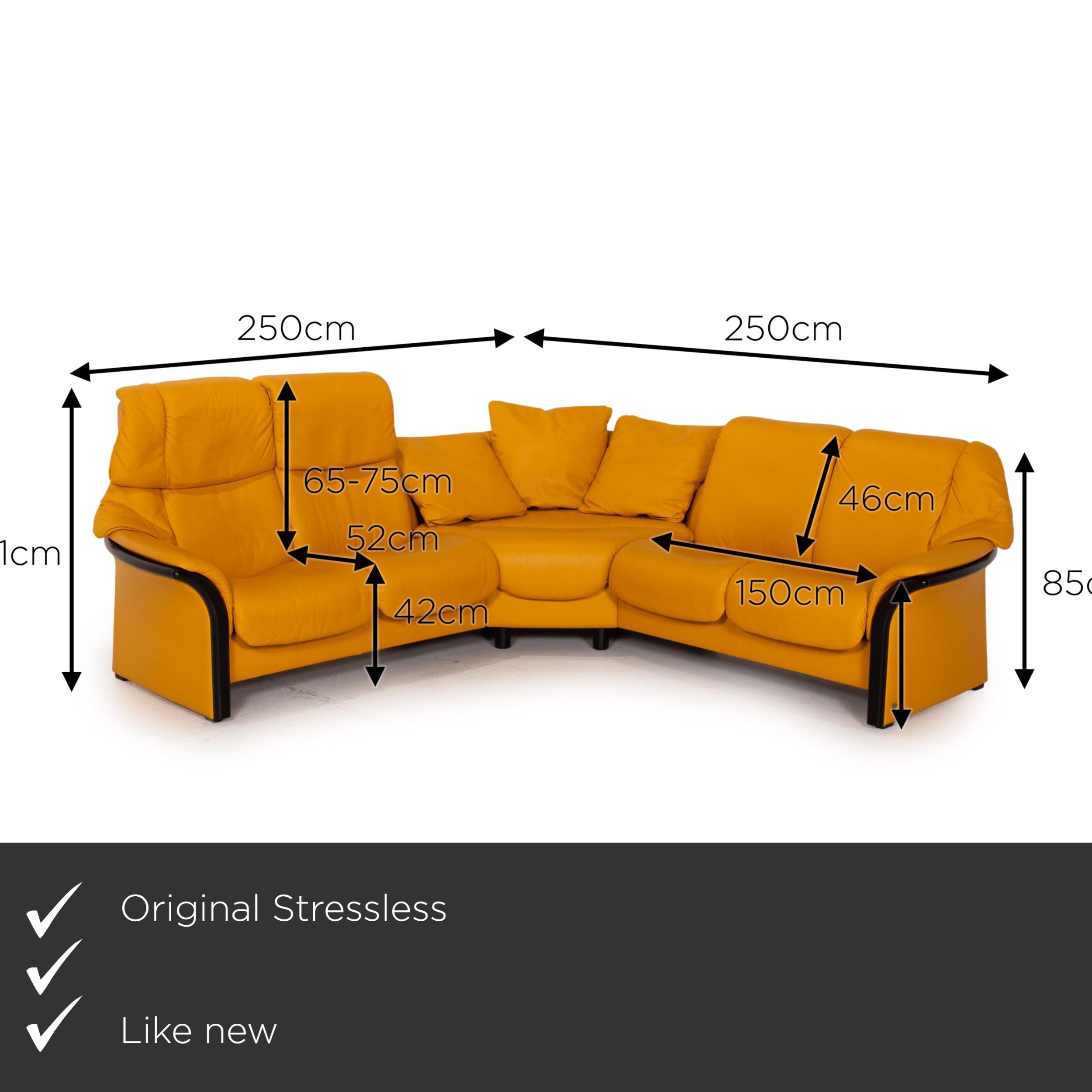 We present to you a Stressless Eldorado leather corner sofa yellow relax function sofa couch.
 

 Product measurements in centimeters:
 

Depth: 80
Width: 250
Height: 102
Seat height: 42
Rest height: 55
Seat depth: 52
Seat width: