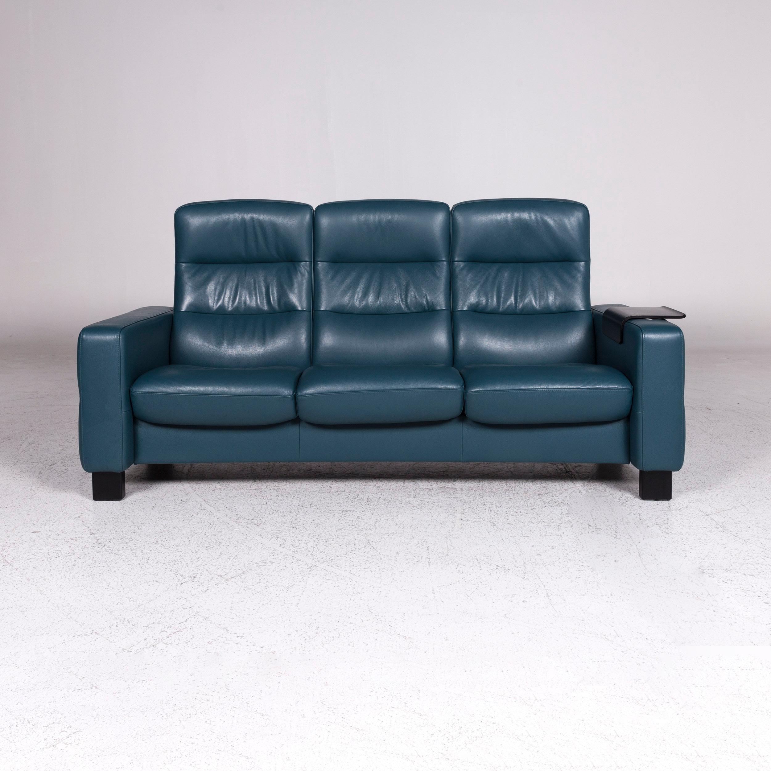 We bring to you a Stressless leather sofa blue petrol three-seat function couch.
 
Product measurements in centimetres:
 
Depth 80
Width 205
Height 102
Seat-height 44
Rest-height 59
Seat-depth 50
Seat-width 166
Back-height 63.

  