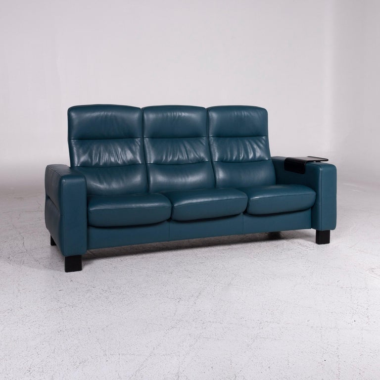 Stressless Leather Sofa Blue Petrol Three-Seat Function Couch at 1stDibs