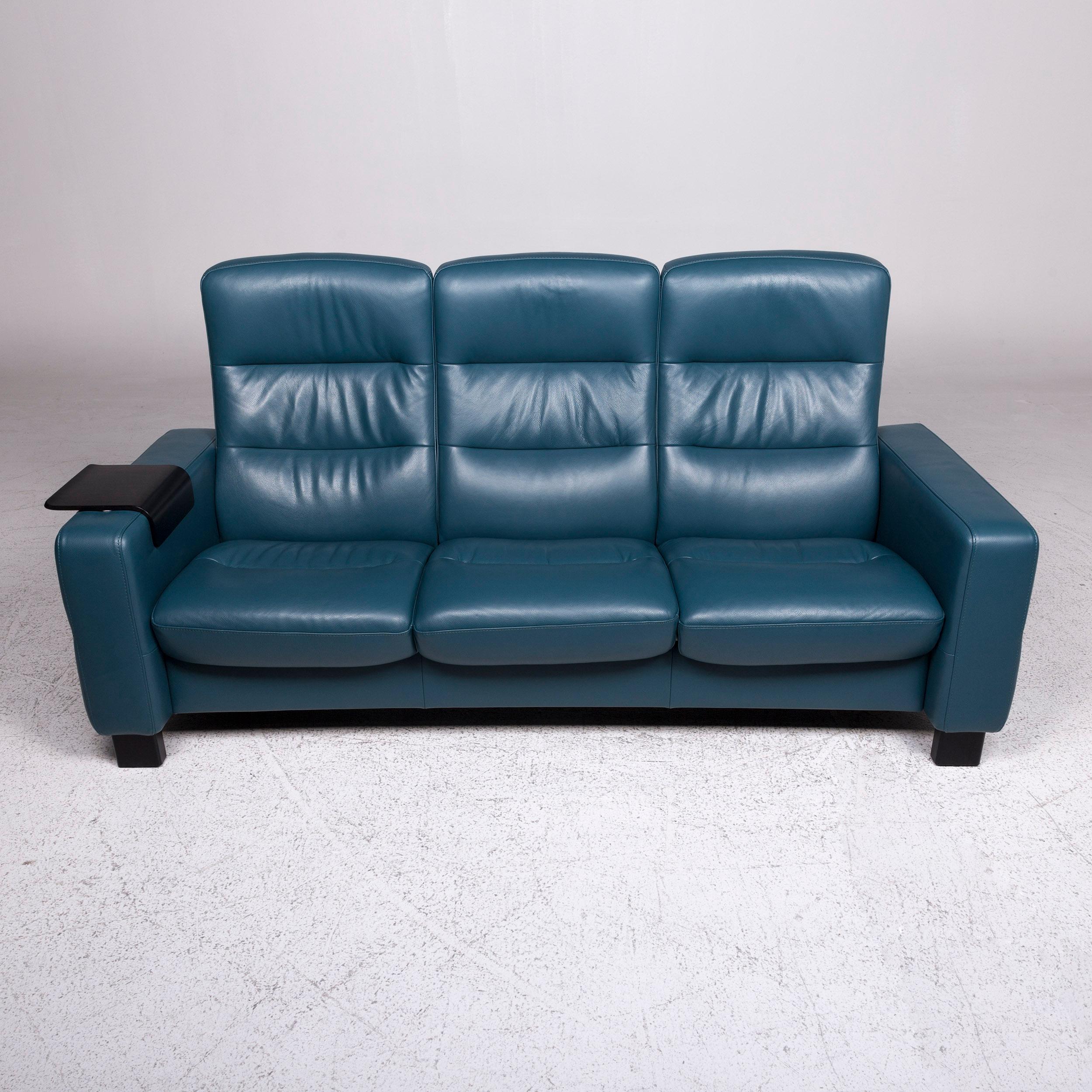 Contemporary Stressless Leather Sofa Blue Petrol Three-Seat Function Couch