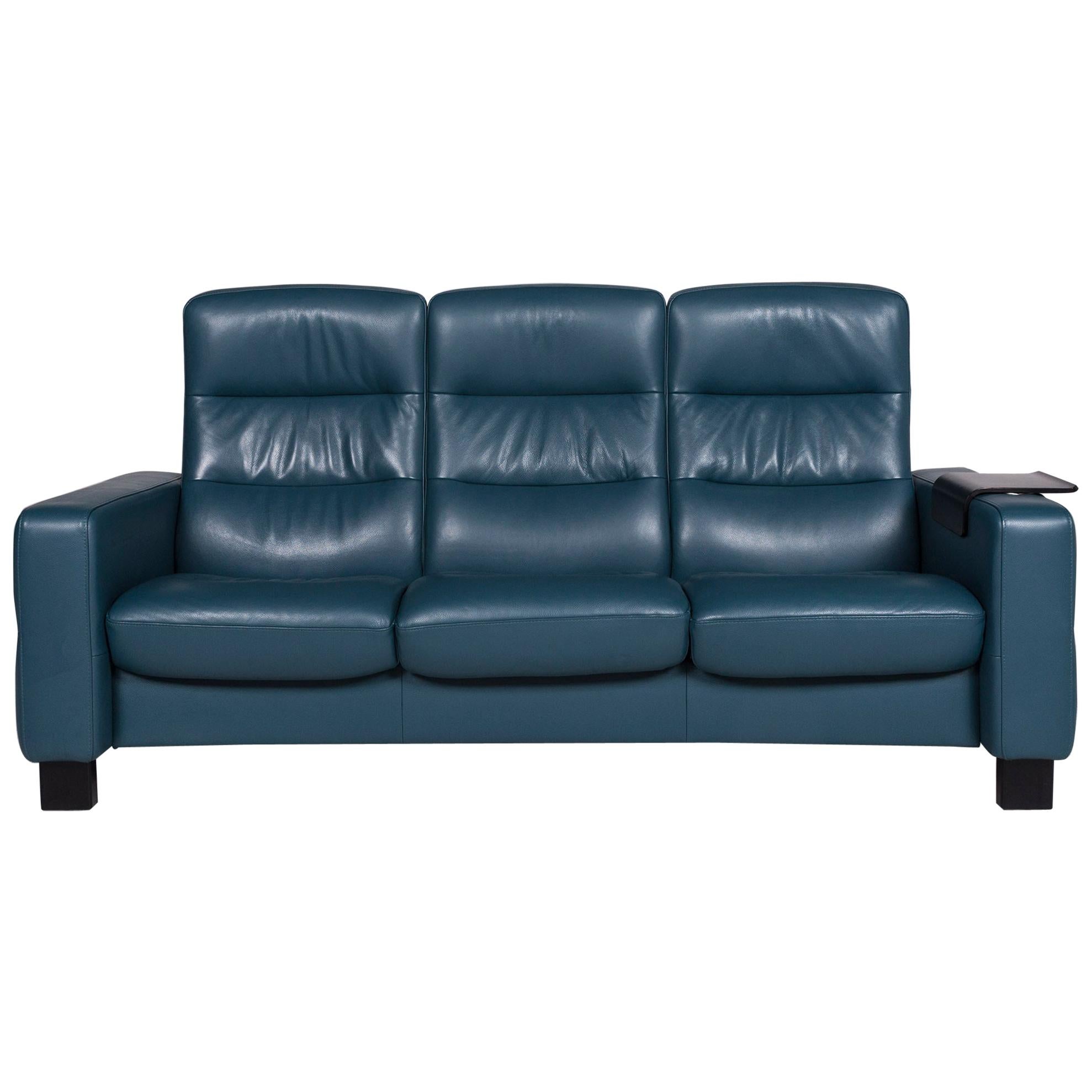Stressless Leather Sofa Blue Petrol Three-Seat Function Couch