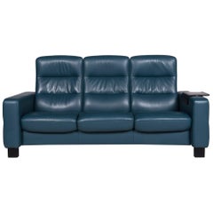 Stressless Leather Sofa Blue Petrol Three-Seat Function Couch