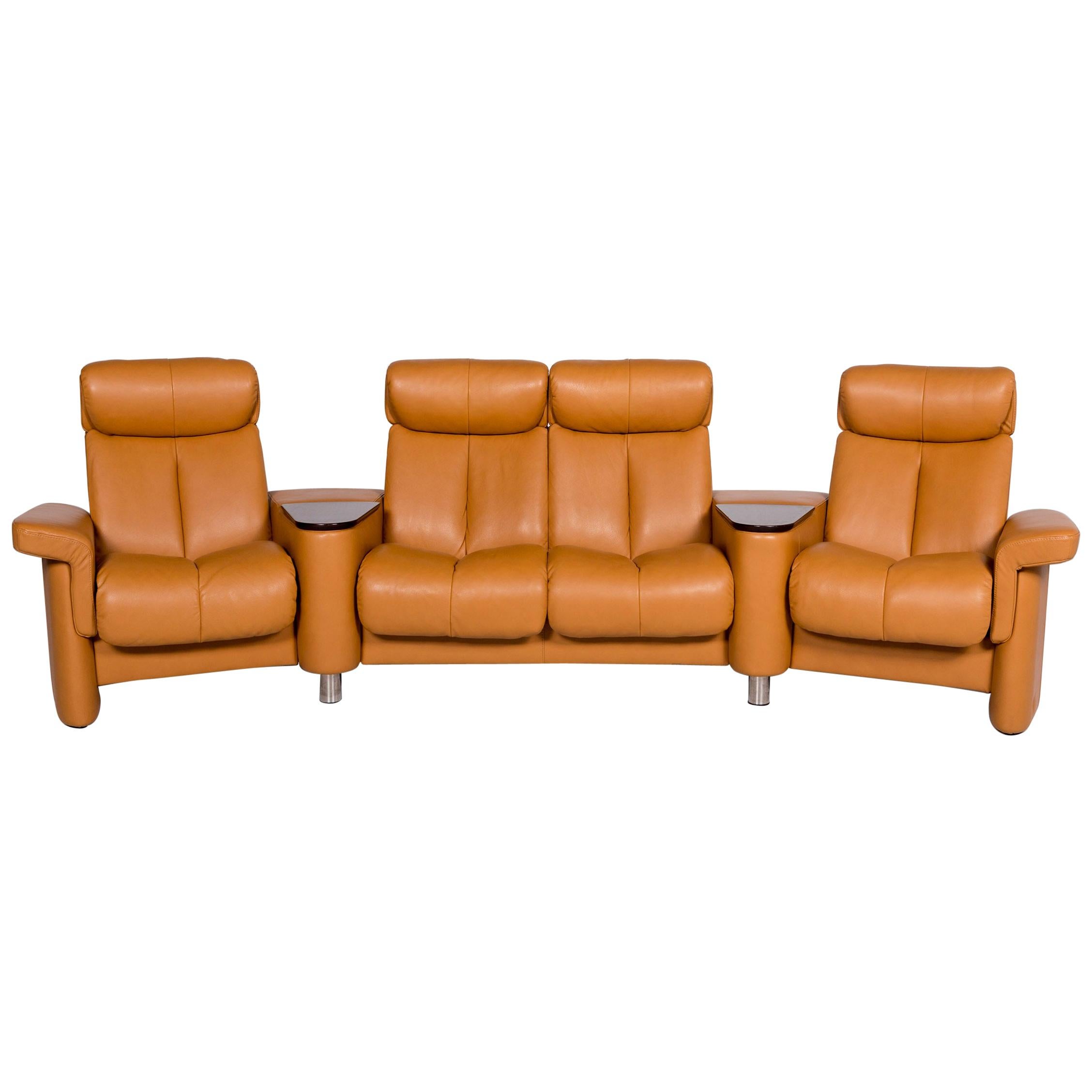 Stressless Legend Leather Corner Sofa Mustard Yellow Ocher Sofa Four-Seater For Sale