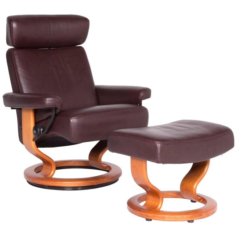 Stressless M Designer Leather Armchair with Stool Brown Genuine Leather Chair For Sale at 1stdibs