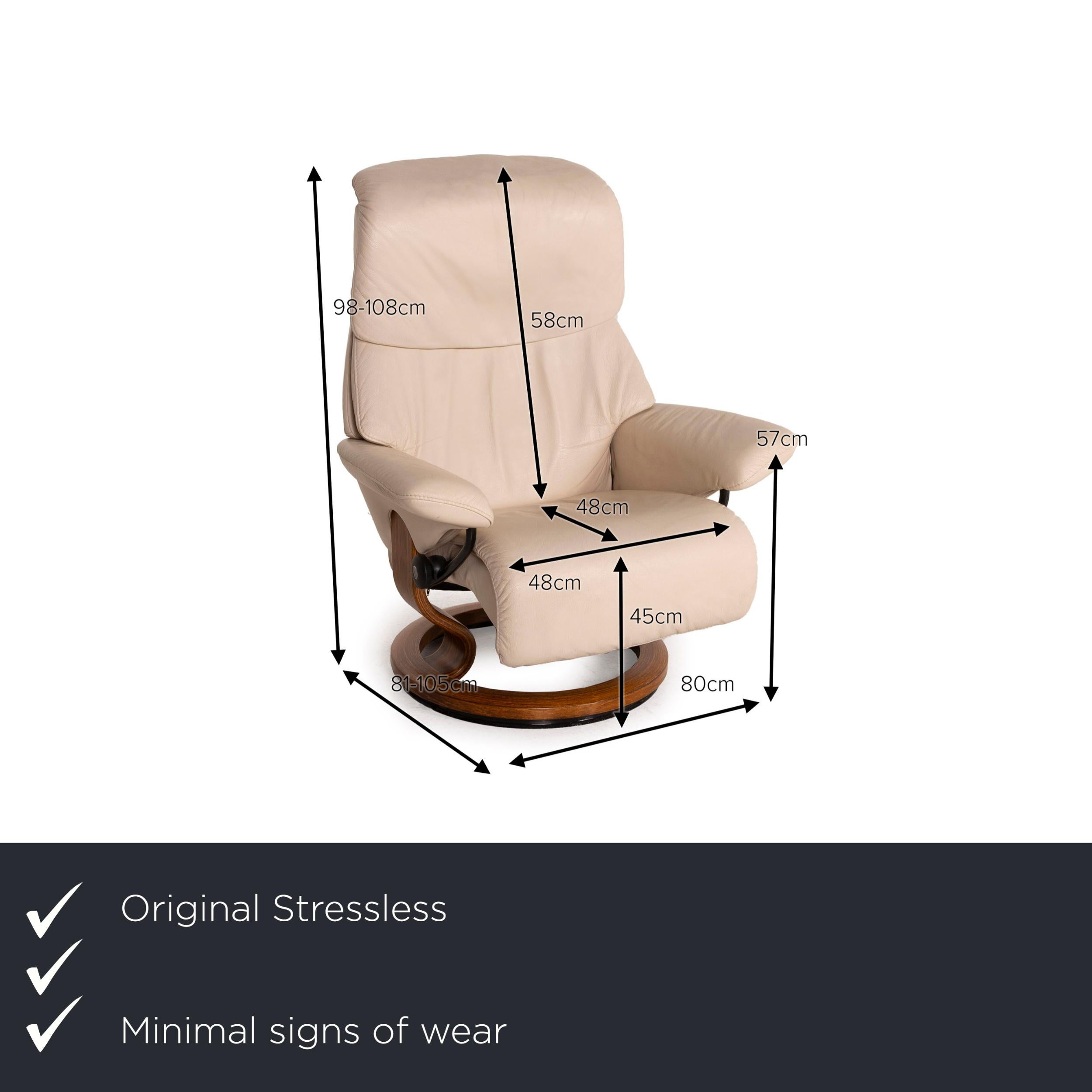 We present to you a Stressless vision leather armchair cream incl. Stool relaxation function.

Product measurements in centimeters:

Depth 81
Width 80
Height 98
Seat height 45
Rest height 57
Seat depth 48
Seat width 48
Back height