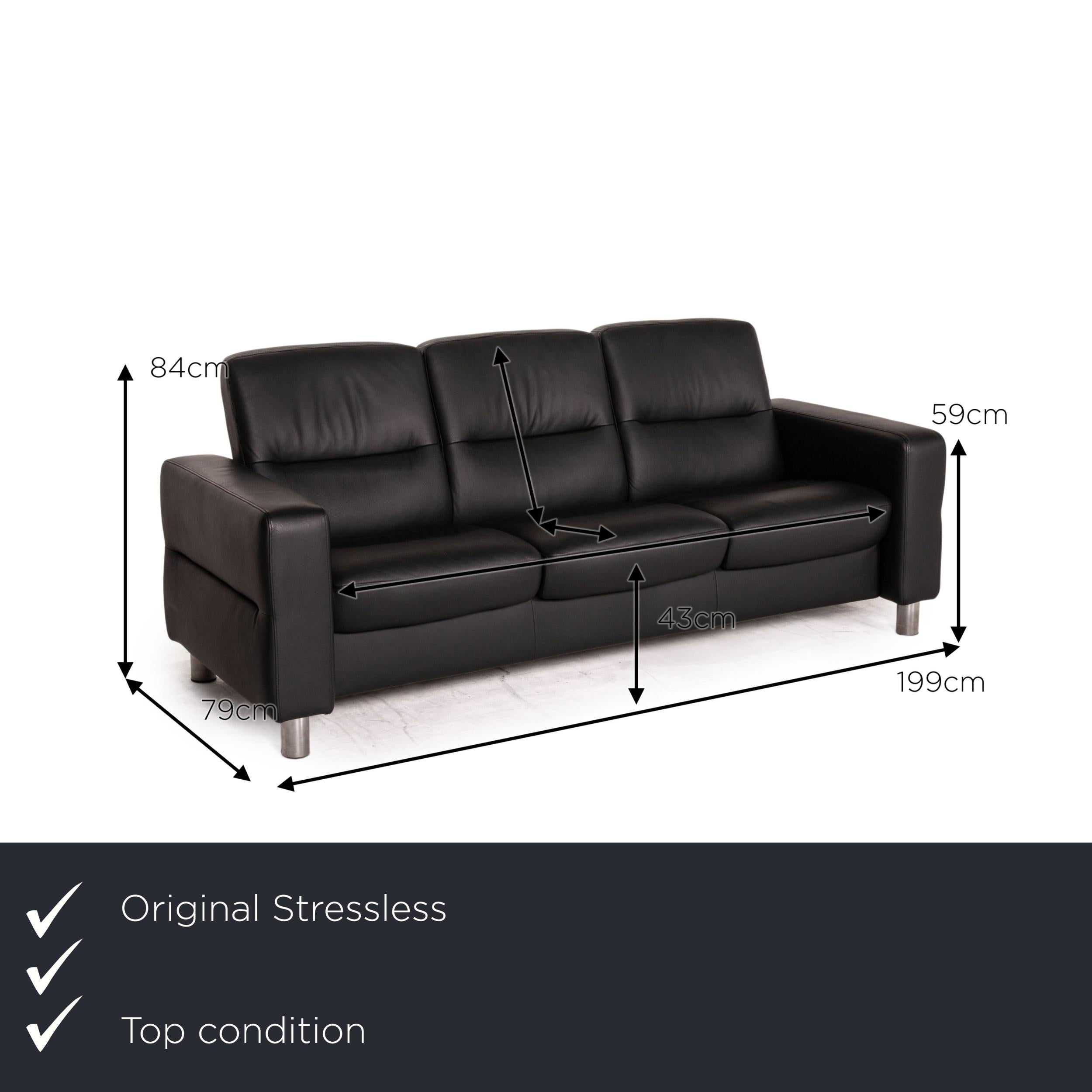 We present to you a Stressless waver three seater leather sofa black couch.

Product measurements in centimeters:

Depth 79
Width 199
Height 84
Seat height 43
Rest height 59
Seat depth 49
Seat width 165
Back height 44.
 
  
 
  