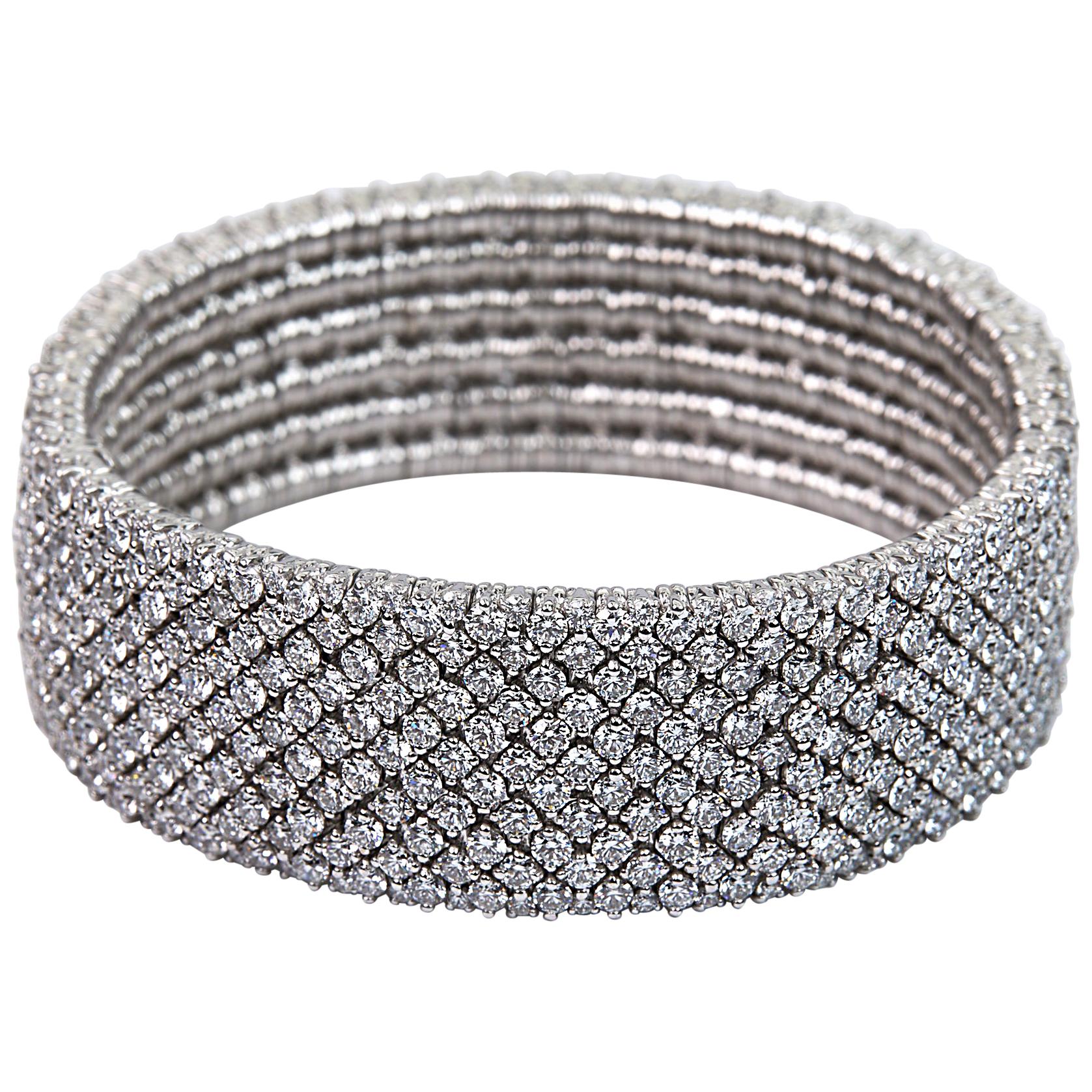 Stretch Diamond Cuff Bracelet Set in White Gold For Sale