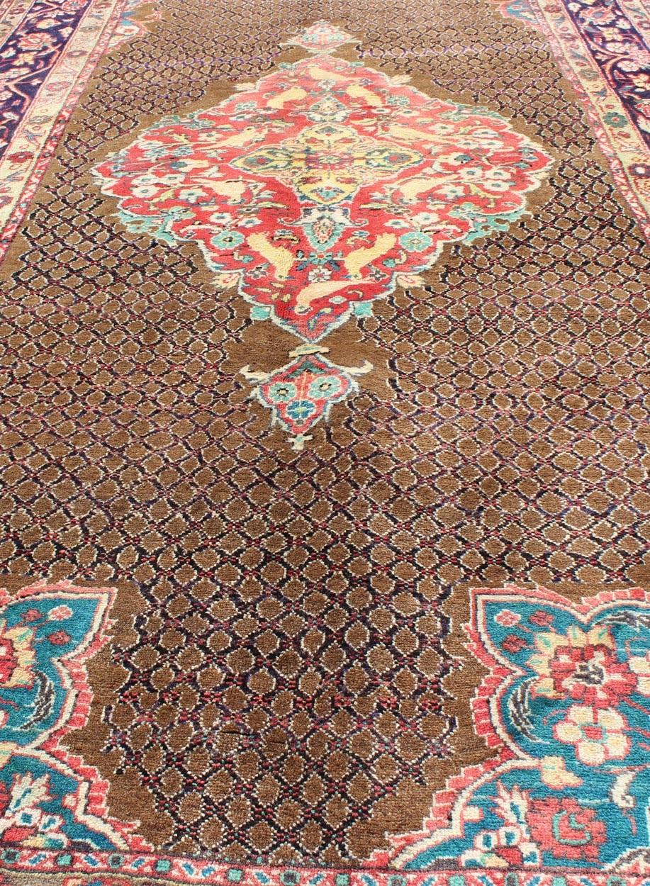 Camel Hair Vintage Persian Serab Rug in Brown, Red, Turquoise and Dark Blue For Sale 3