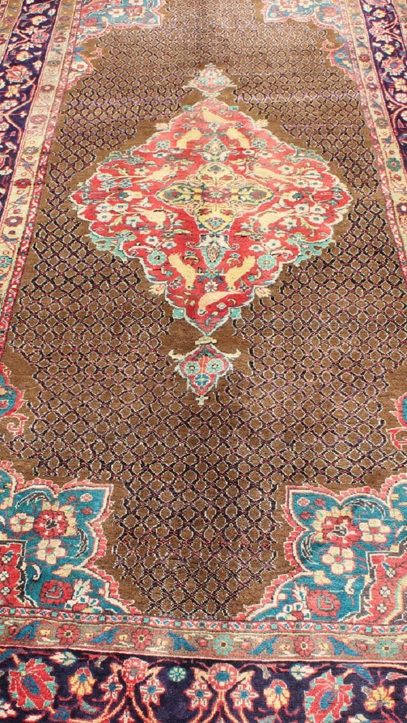 Camel Hair Vintage Persian Serab Rug in Brown, Red, Turquoise and Dark Blue For Sale 4