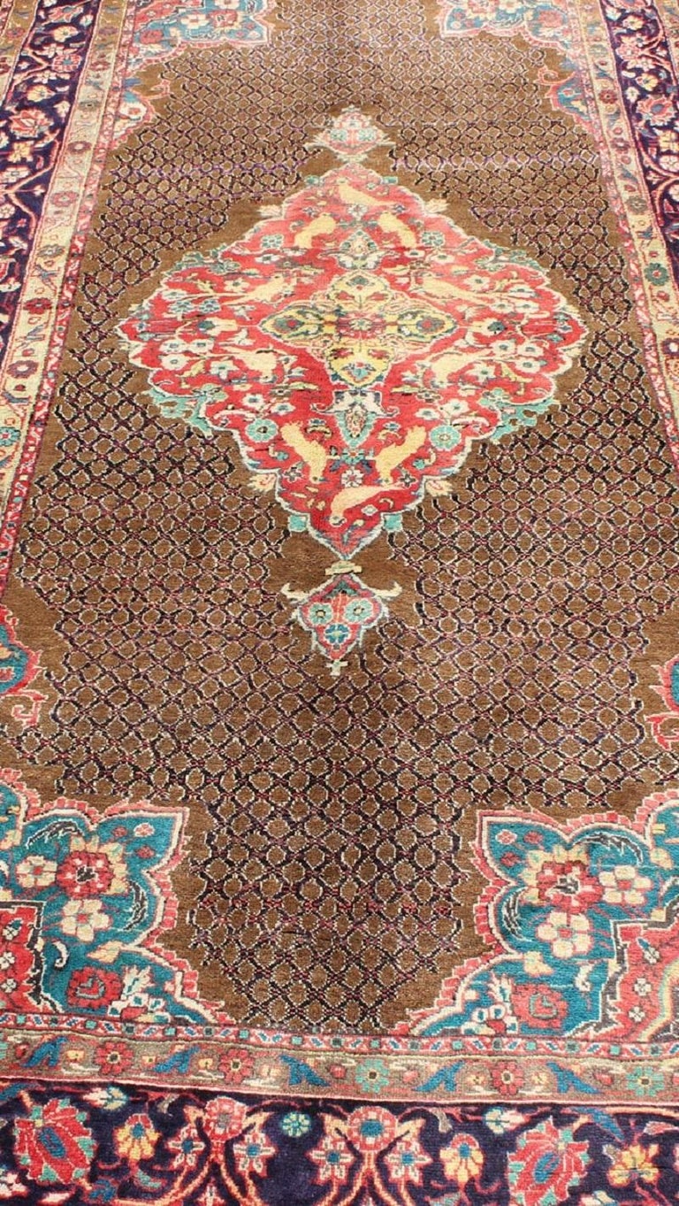 Camel Hair Vintage Persian Serab Rug in Brown, Red, Turquoise and Dark
