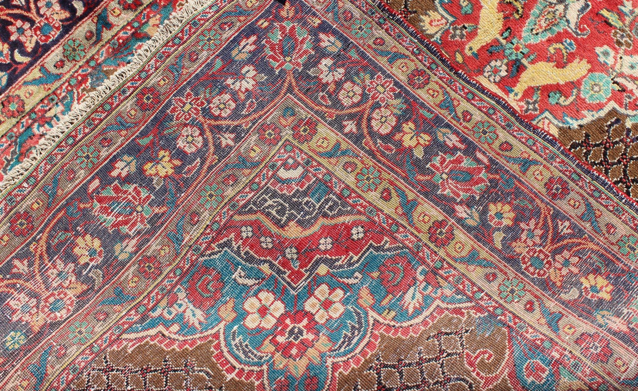 Camel Hair Vintage Persian Serab Rug in Brown, Red, Turquoise and Dark Blue For Sale 5