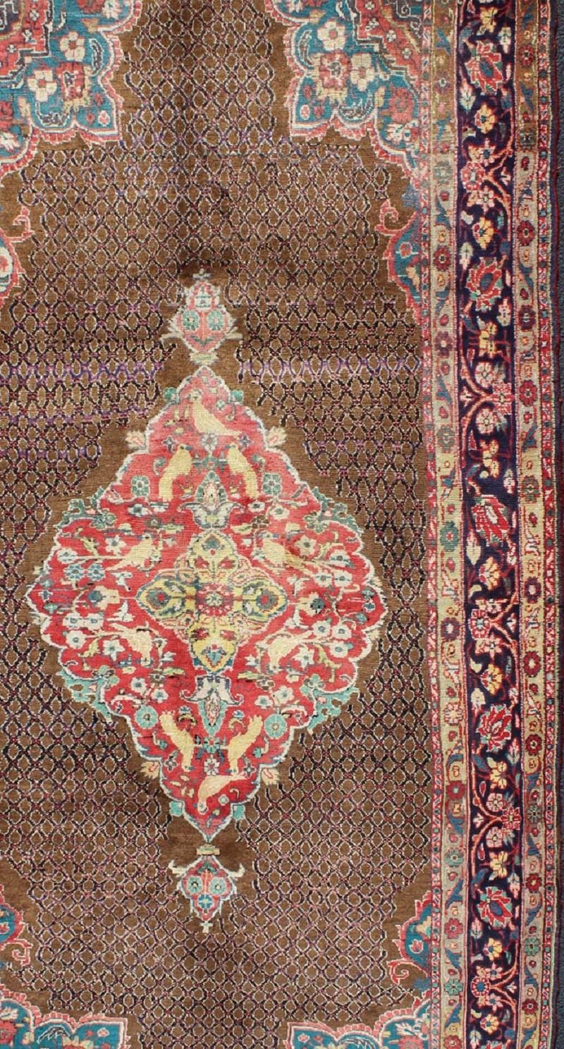 Hand-Knotted Camel Hair Vintage Persian Serab Rug in Brown, Red, Turquoise and Dark Blue For Sale