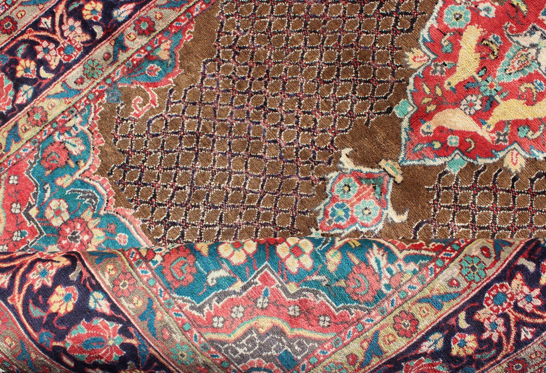 Noué à la main Tapis persan Serab vintage en poils de chameau marron, rouge, turquoise et bleu foncé en vente