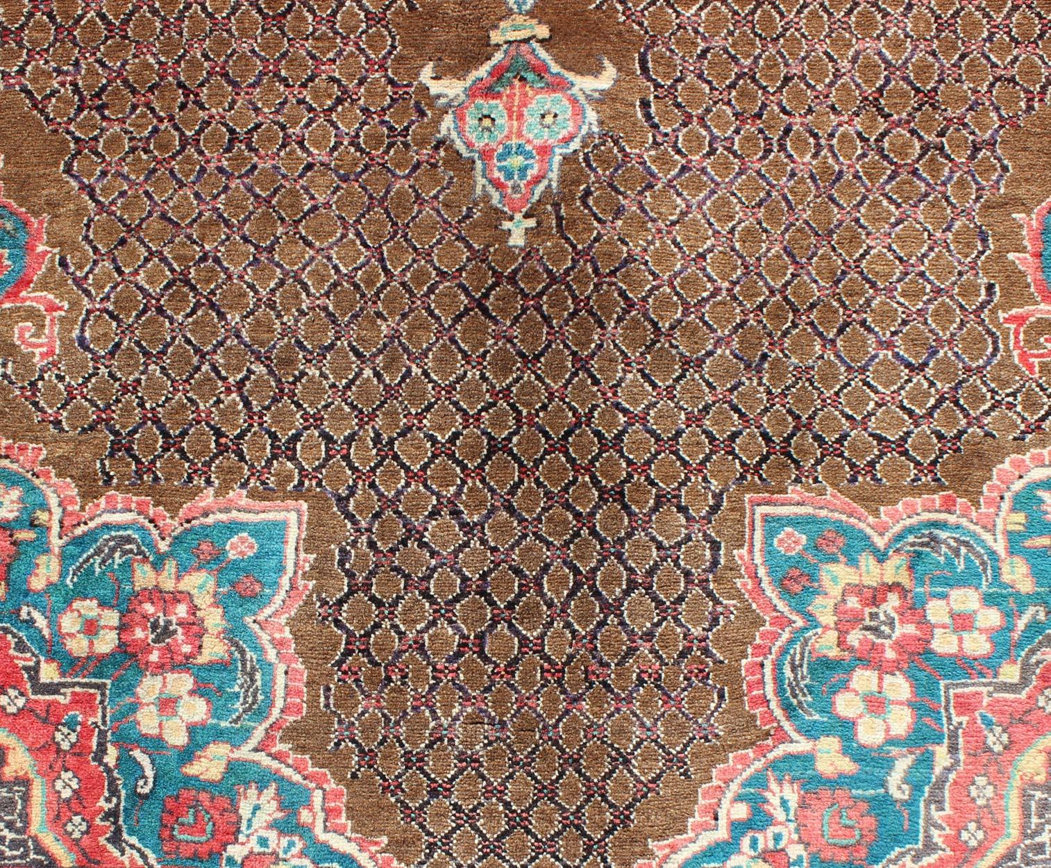 Mid-20th Century Camel Hair Vintage Persian Serab Rug in Brown, Red, Turquoise and Dark Blue For Sale