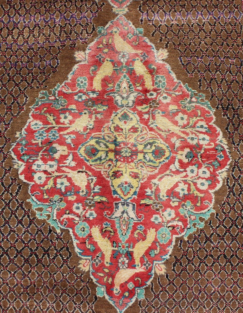 Wool Camel Hair Vintage Persian Serab Rug in Brown, Red, Turquoise and Dark Blue For Sale