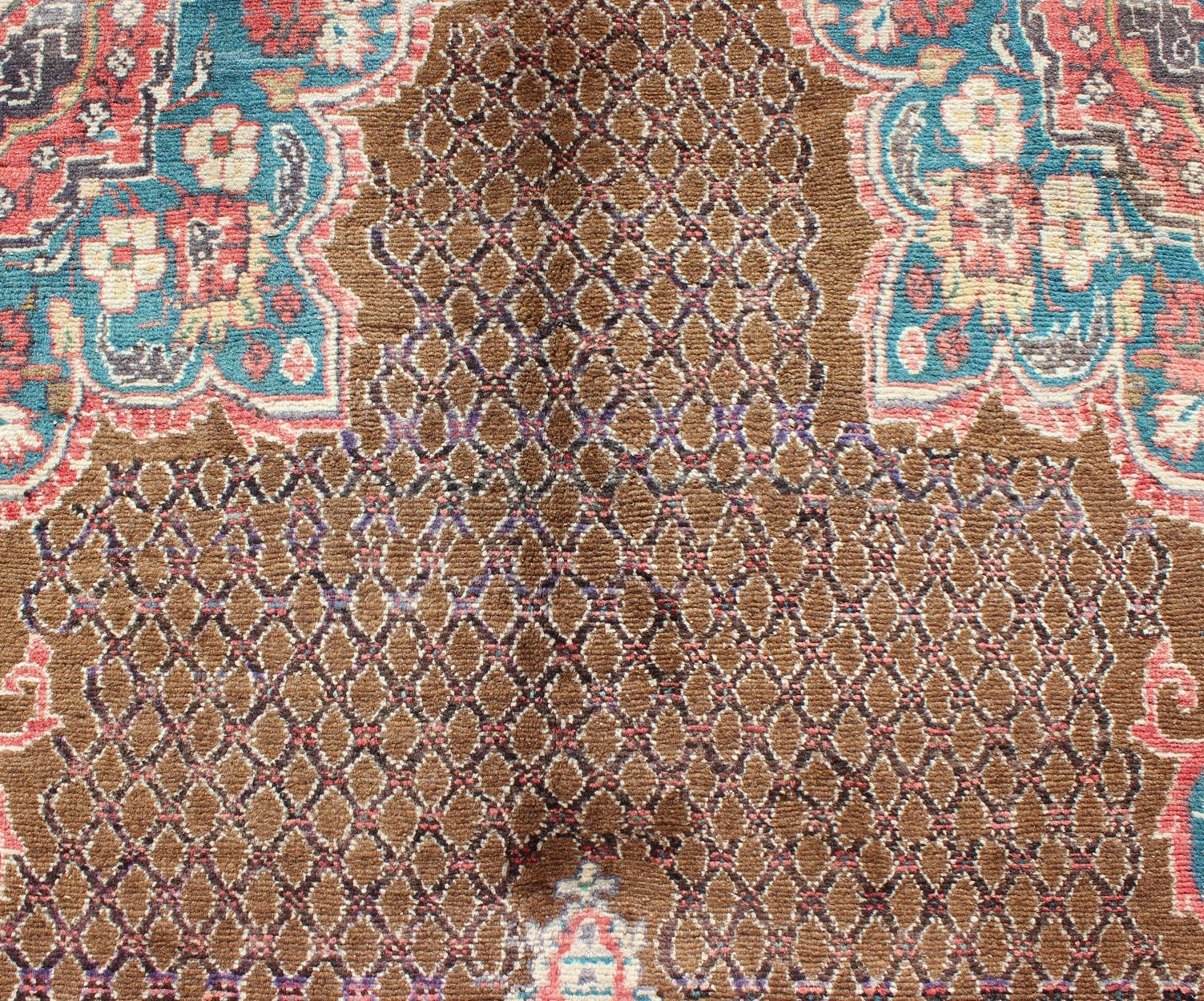 Camel Hair Vintage Persian Serab Rug in Brown, Red, Turquoise and Dark Blue For Sale 1