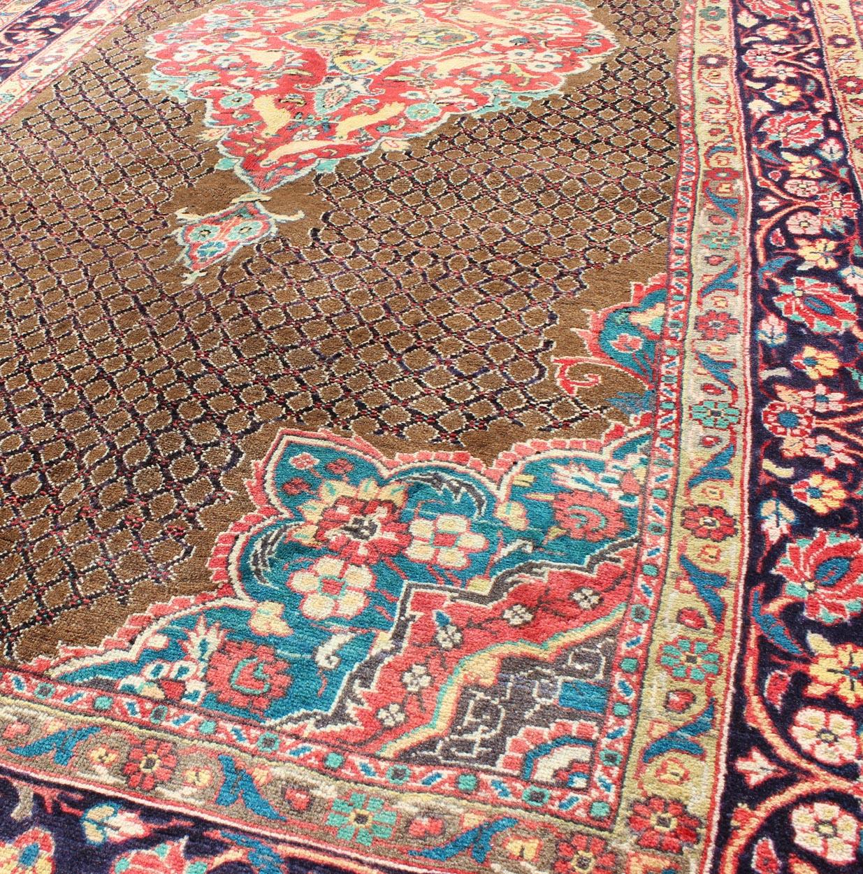 Camel Hair Vintage Persian Serab Rug in Brown, Red, Turquoise and Dark Blue For Sale 2