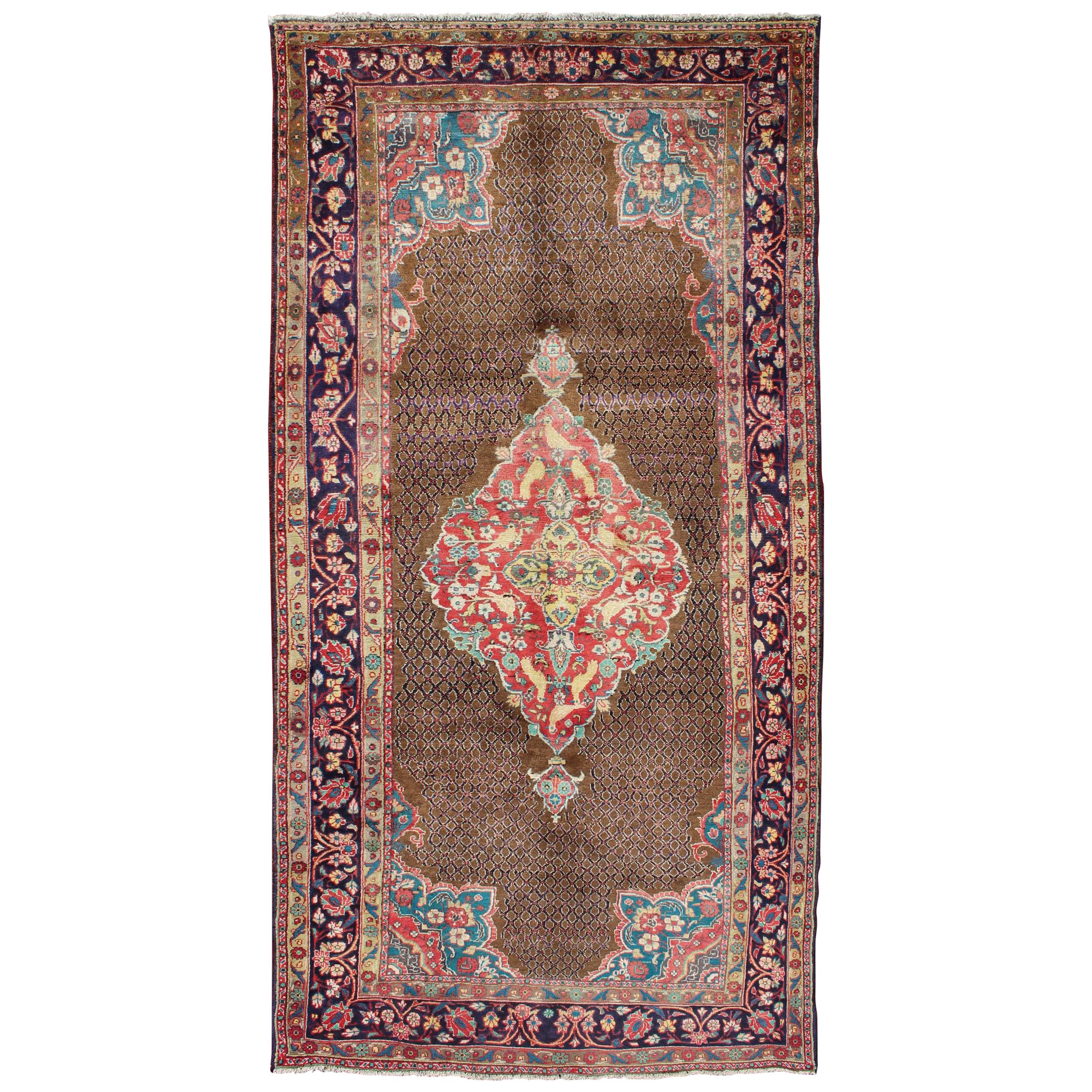 Camel Hair Vintage Persian Serab Rug in Brown, Red, Turquoise and Dark Blue For Sale