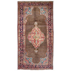 Camel Hair Vintage Persian Serab Rug in Brown, Red, Turquoise and Dark Blue