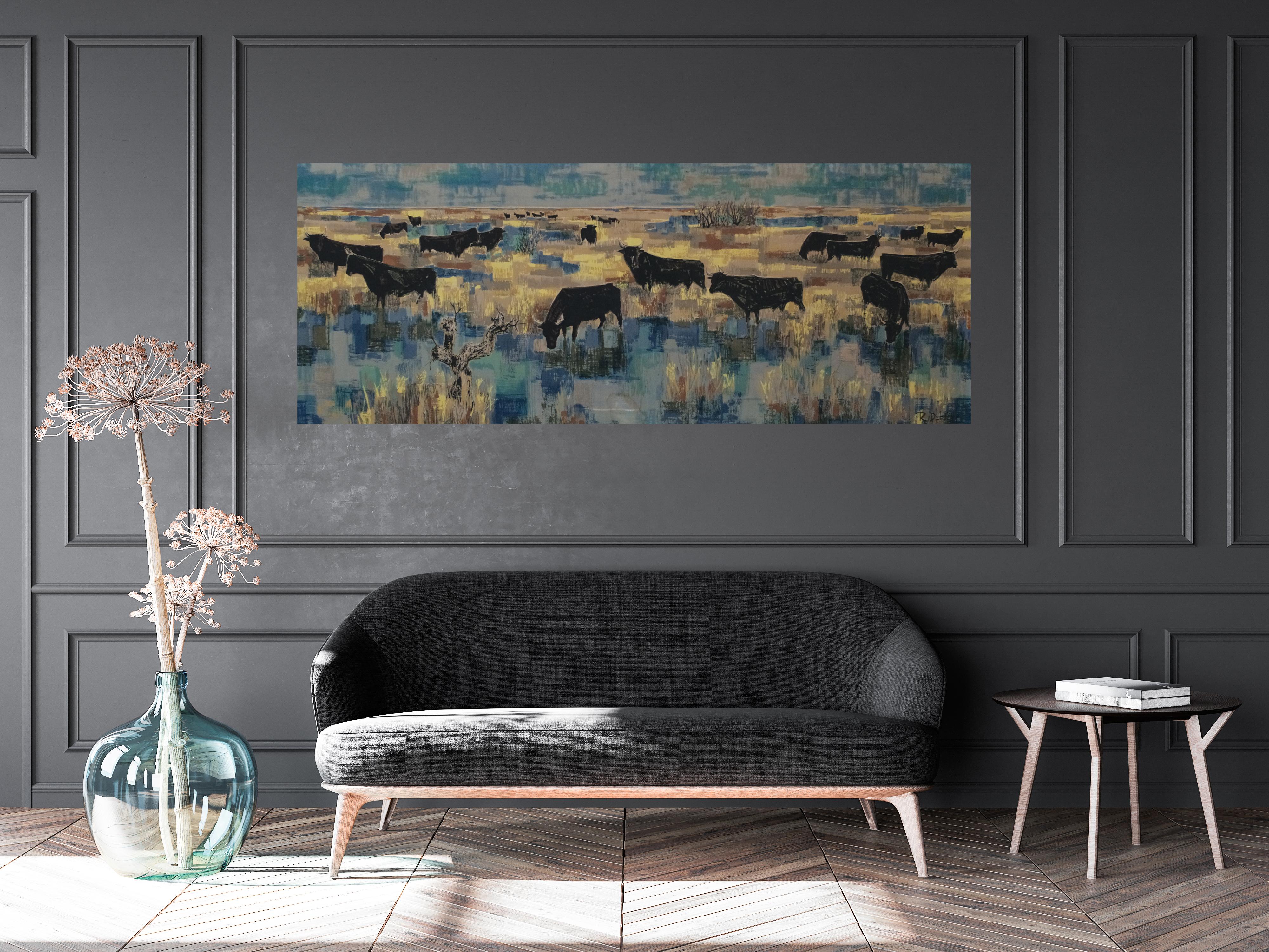Mid-Century Modern Stretched Midcentury Cotton Tapestry by Debieve Depicting The Camargue Bulls