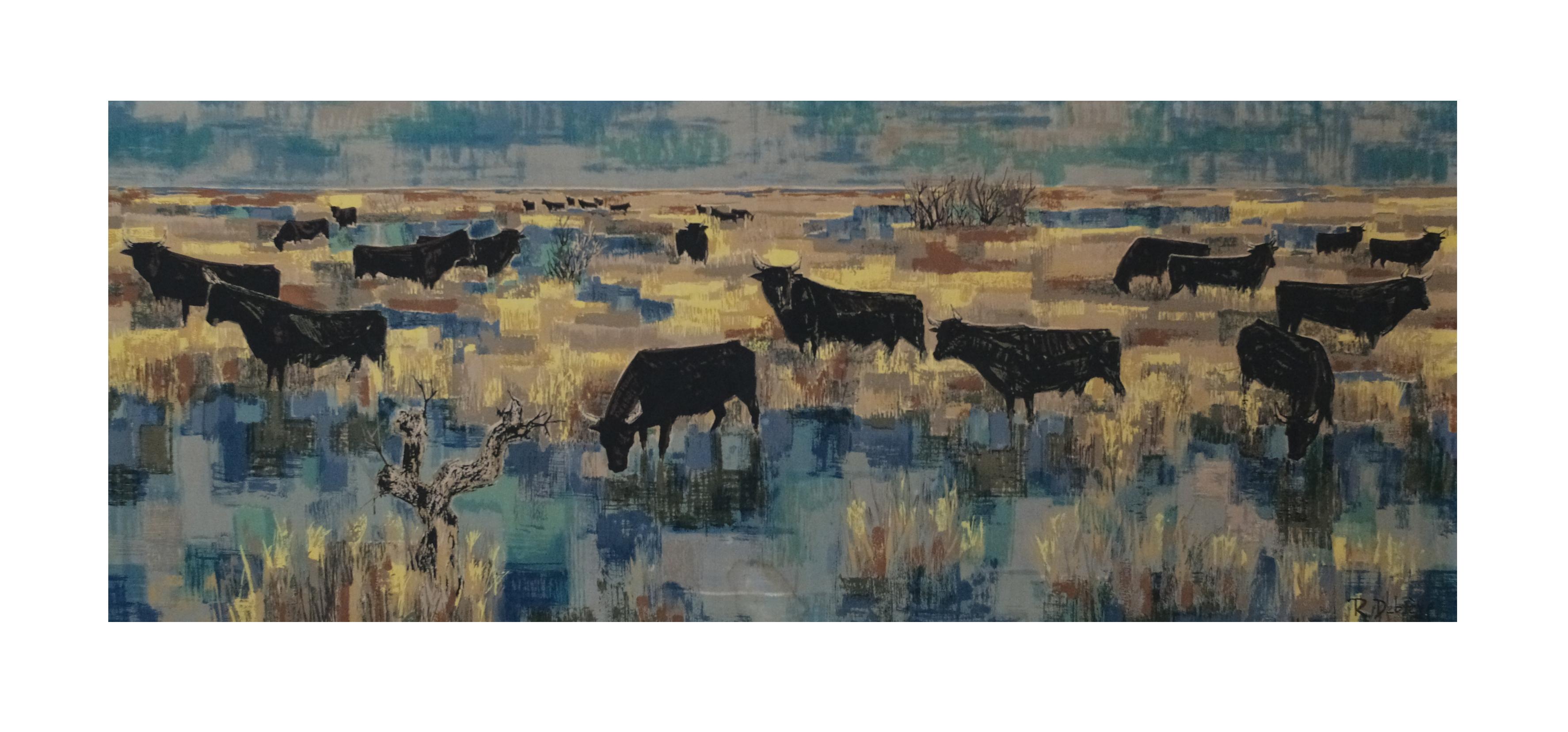 French Stretched Midcentury Cotton Tapestry by Debieve Depicting The Camargue Bulls