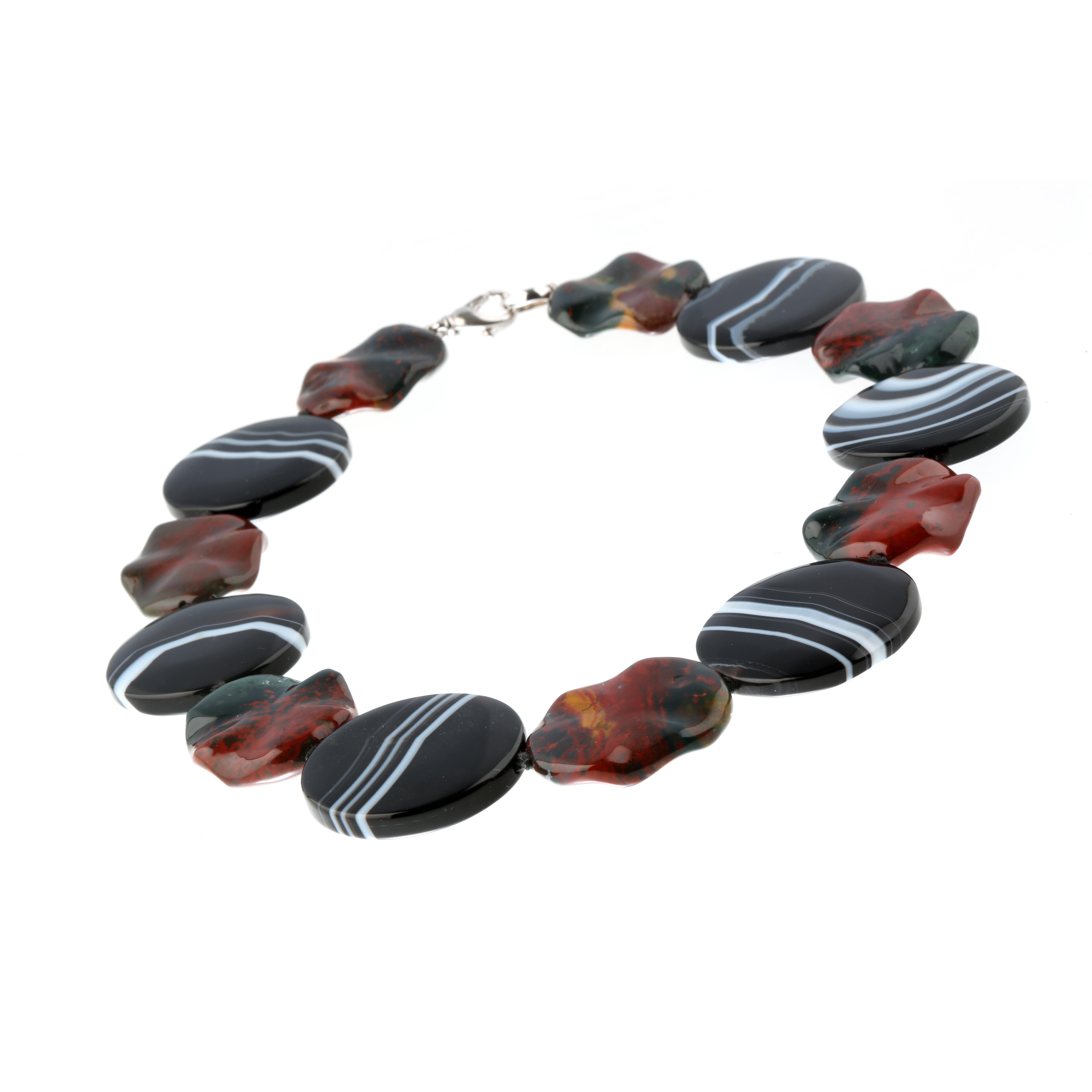 Streifen-Achat Jaspis Silber Perlen Boho Chic Bunte Halskette Intini Juwelen (Art nouveau)